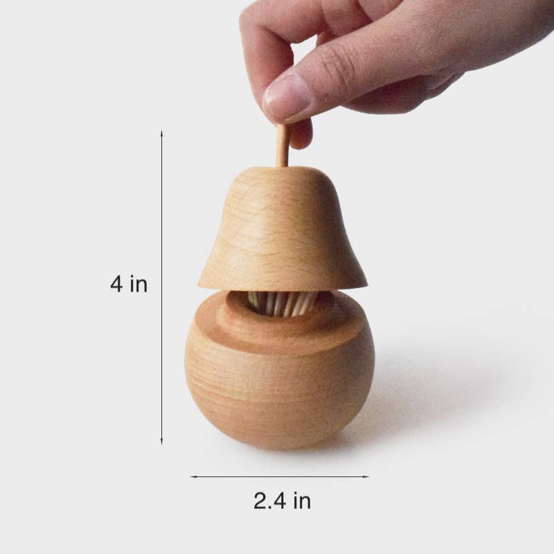 Wooden toothpick holder with dimensions on a white background