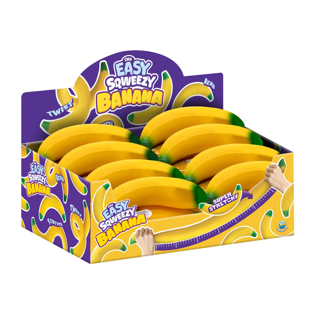 Display box of 'Easy Squeezy Banana' toys with purple and yellow packaging.
