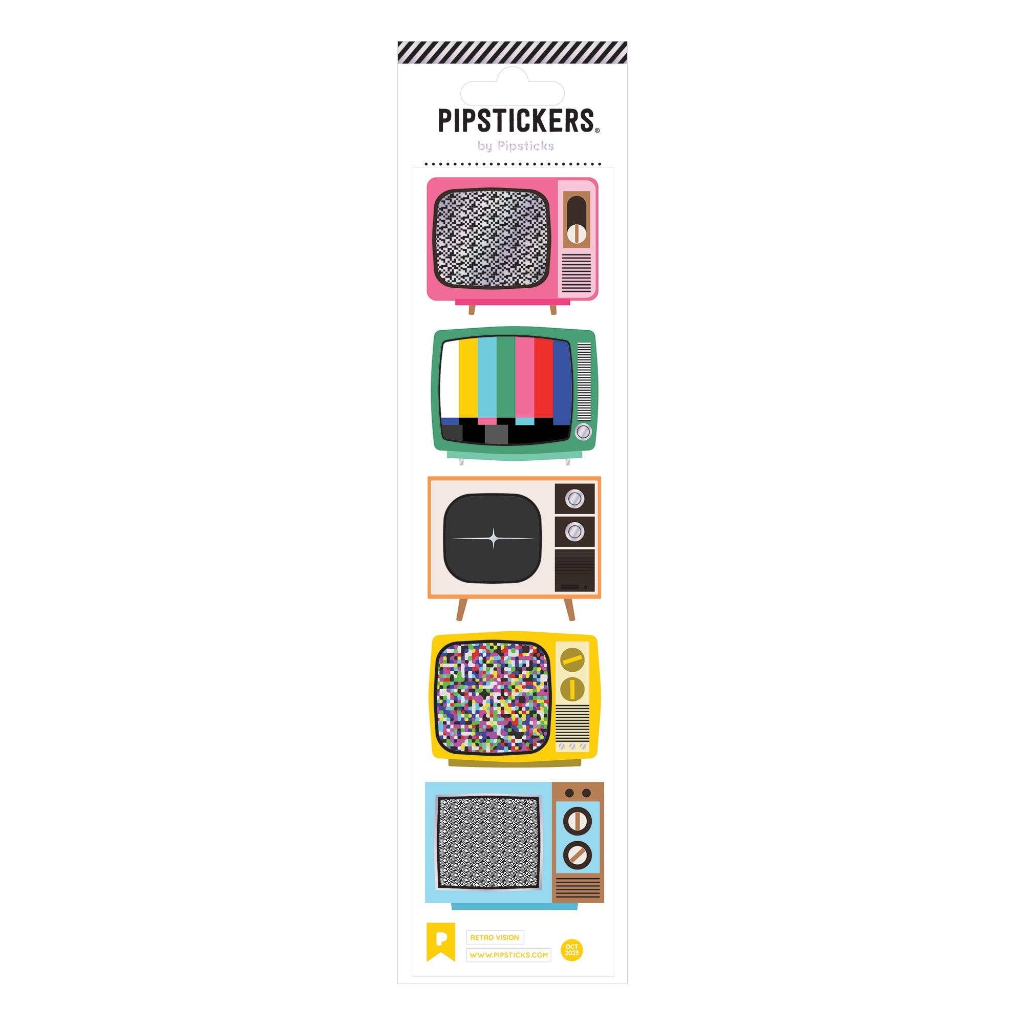 Set of retro-style television stickers by PipStickers on a white background