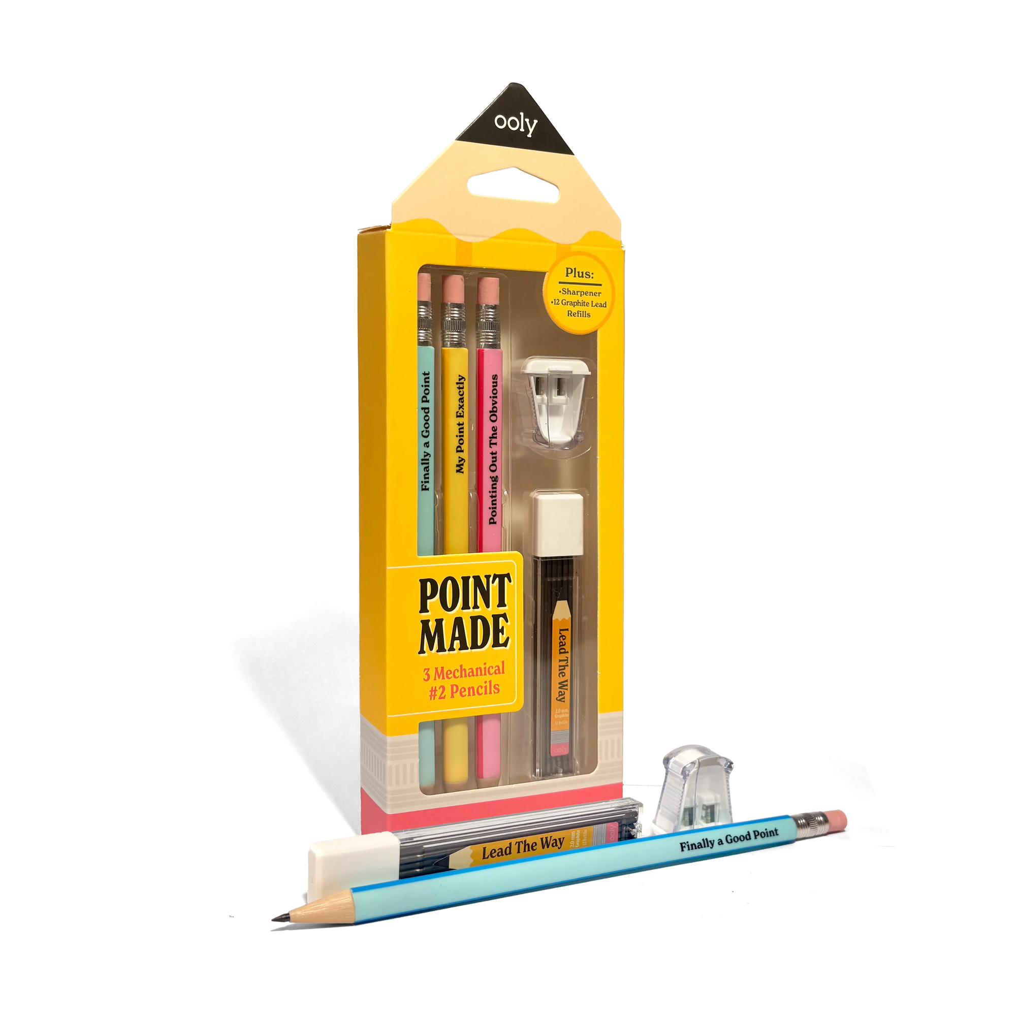 Packaged set of mechanical pencils with a yellow box labeled 'Point Made' on a white background.