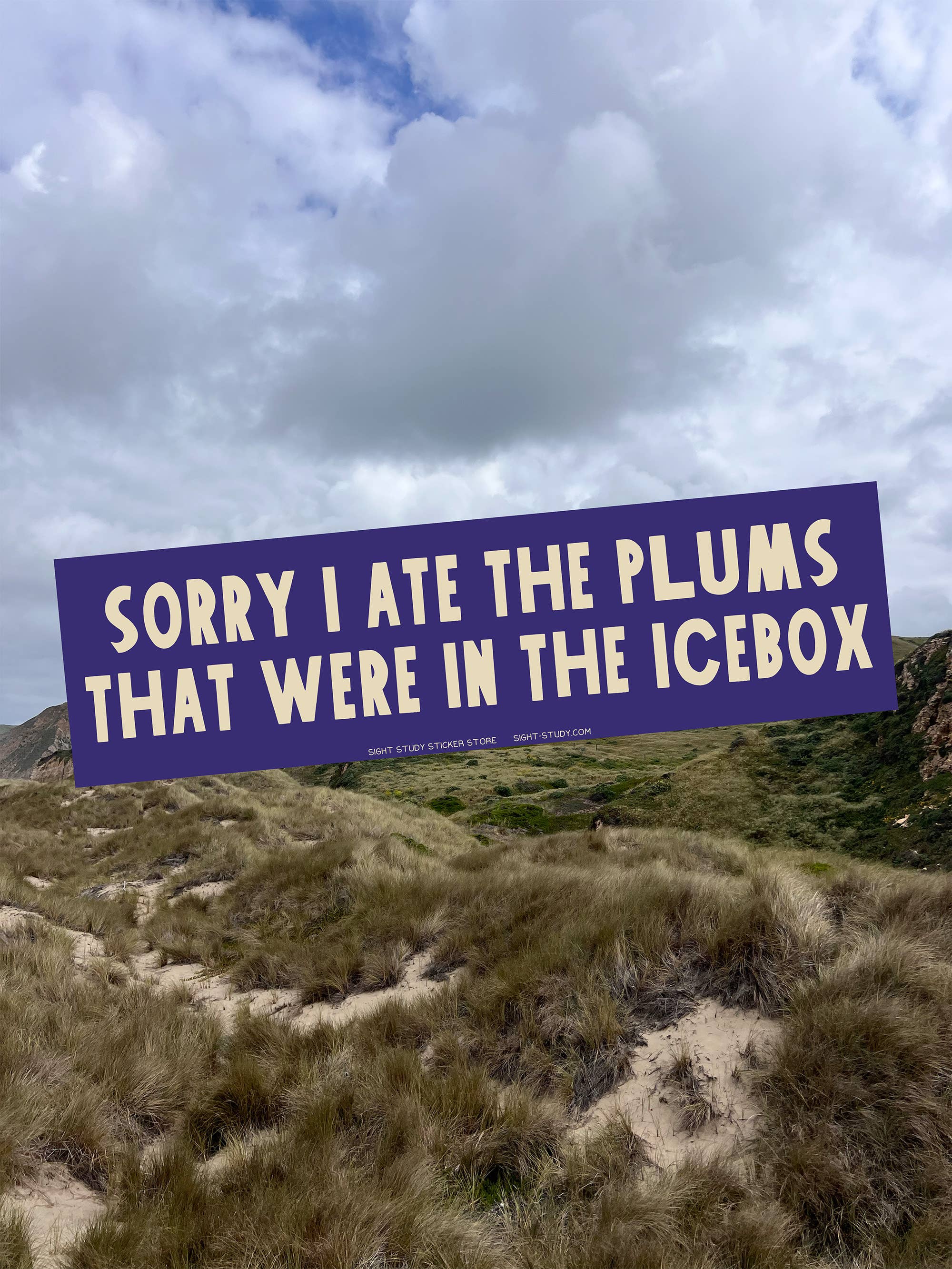 Large purple sign with white text in a natural landscape