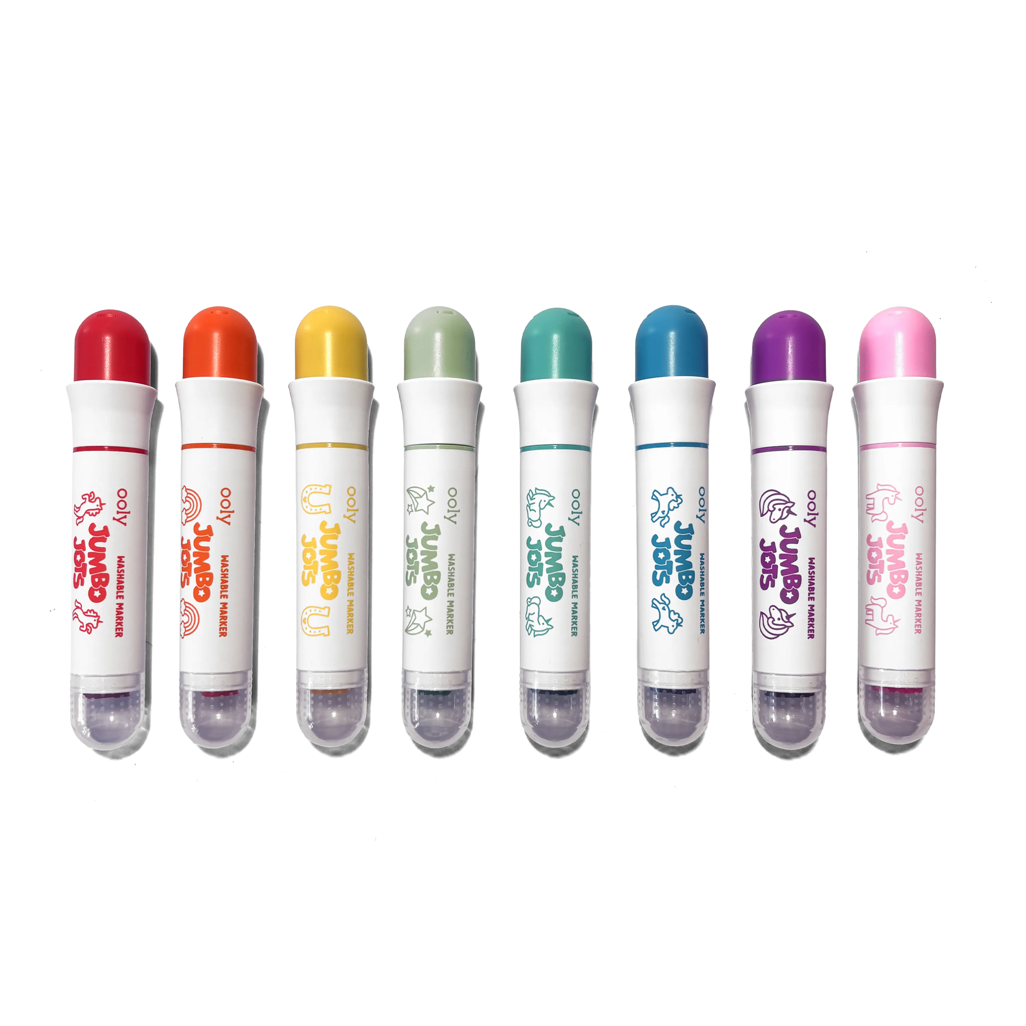 Set of eight colorful markers with visible brand names on a white background