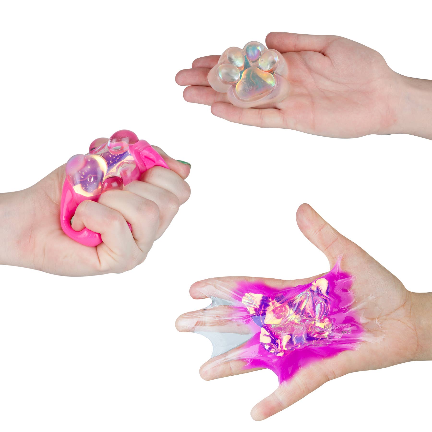 Hands squeezing a pink squishy toy and stretching a colorful slime-like substance.