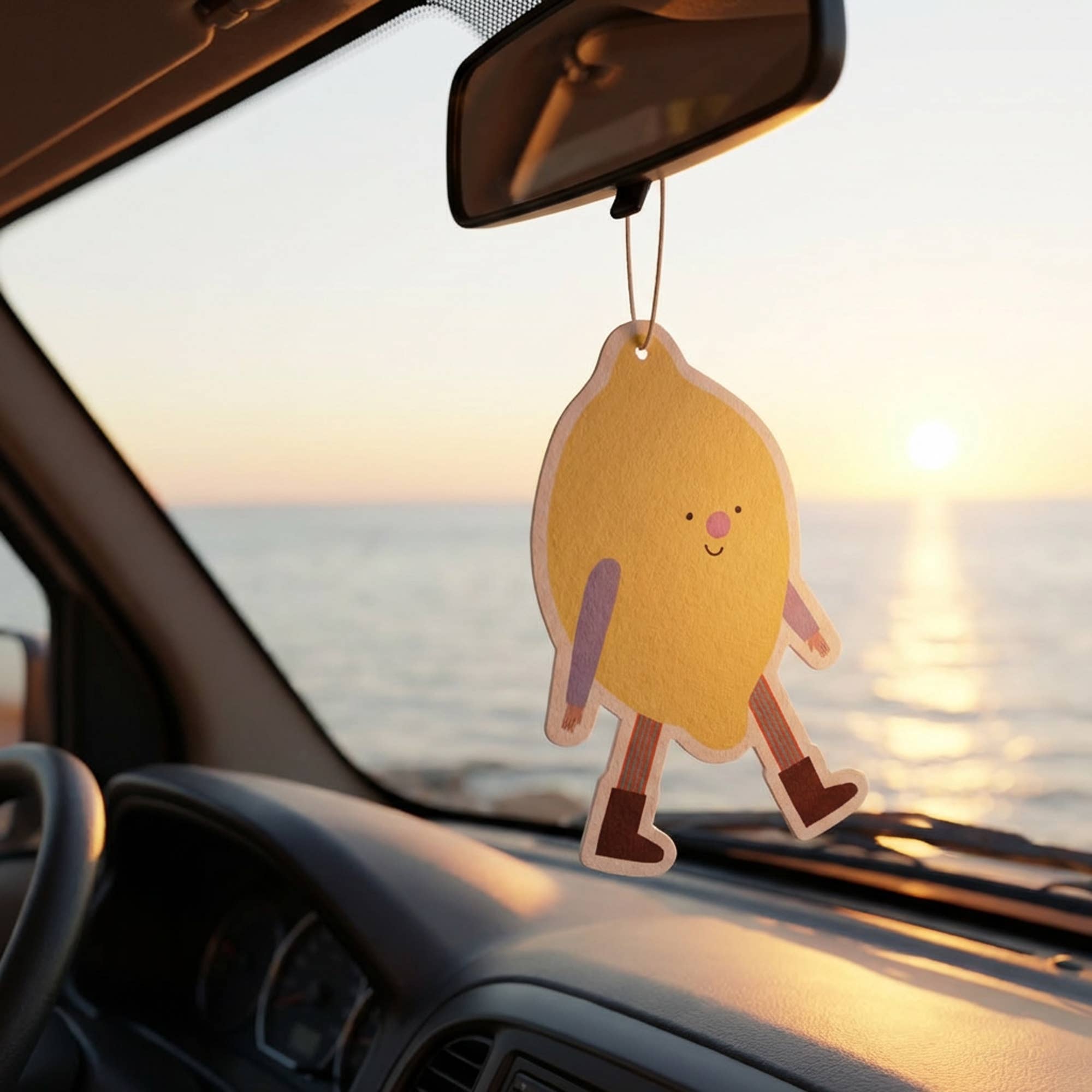 A cute yellow lemon-shaped car air freshener with a smiling face and little legs hangs from the rearview mirror inside a car, with a sunset over the ocean visible through the windshield.