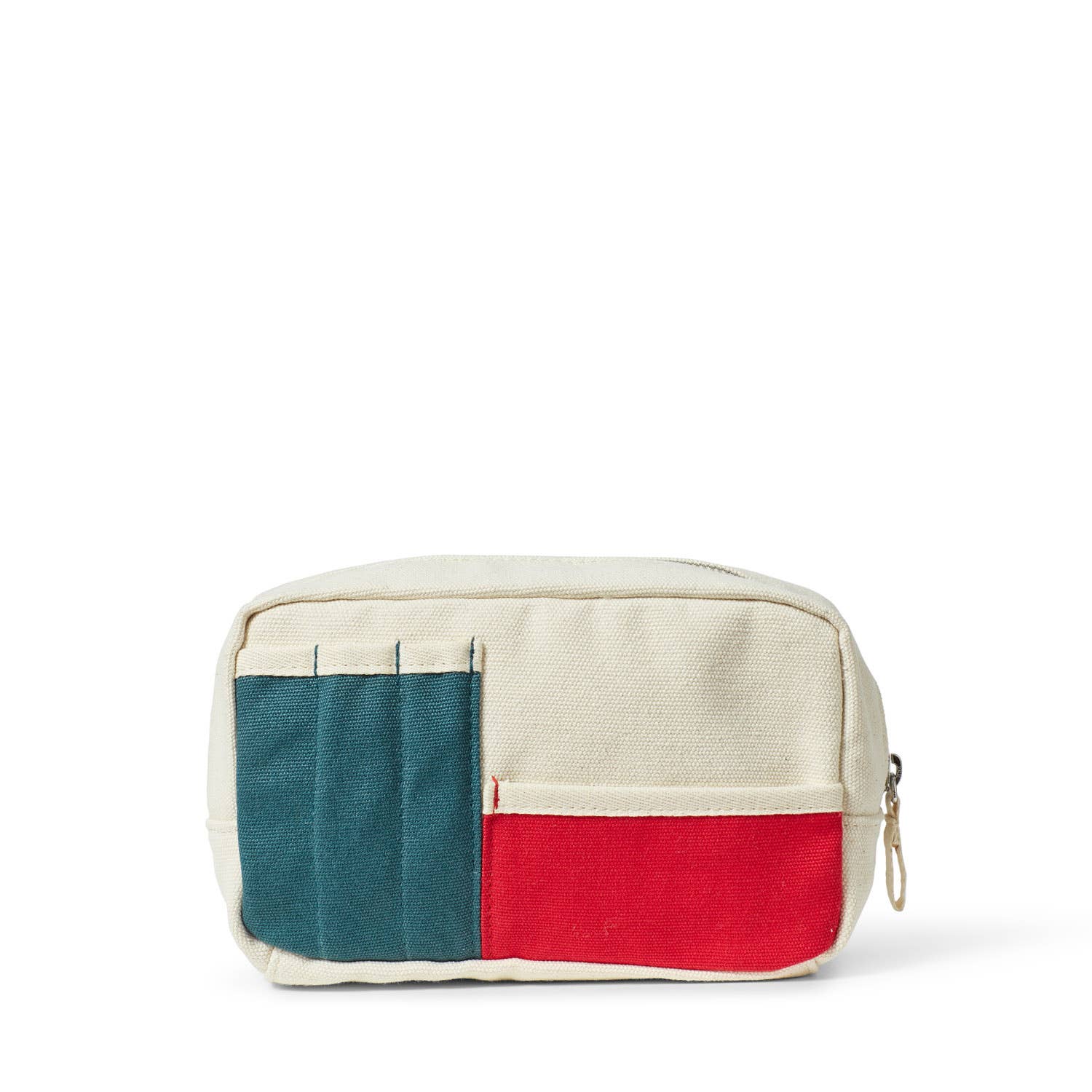 Multicolored pouch with red, blue, and beige sections on a white background