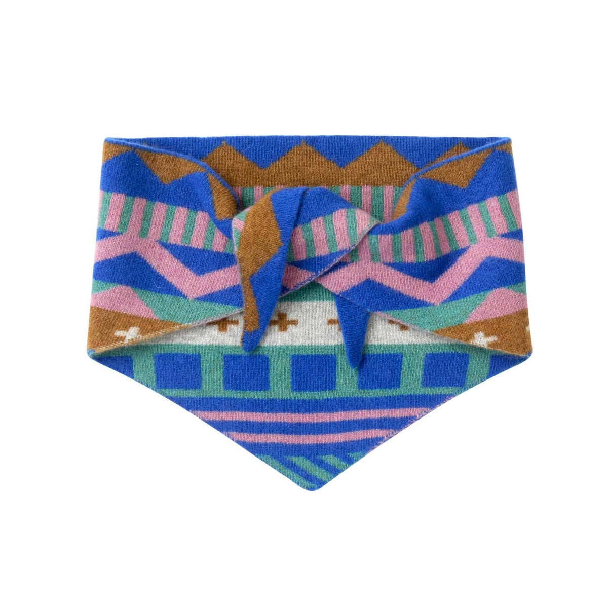 A folded patterned bandana or scarf with a geometric Southwestern design in blue, pink, brown, green, and white, tied in a bow at the top and displayed on a solid white background.