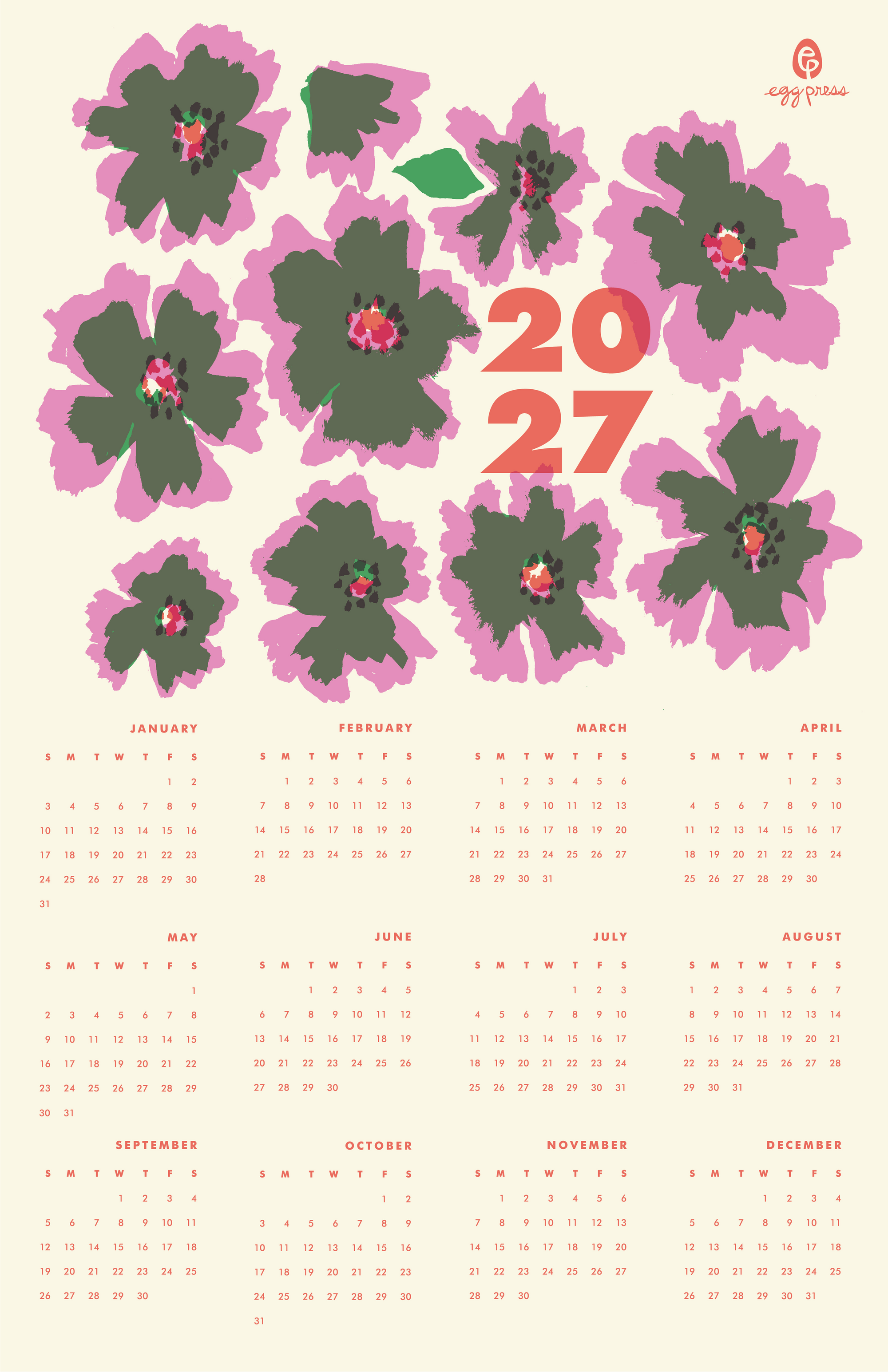 A floral 2027 calendar print with large pink and green flowers on a cream background, the year '2027' in the center, and monthly grids in the lower half. A small 'egg press' logo appears in the top right.