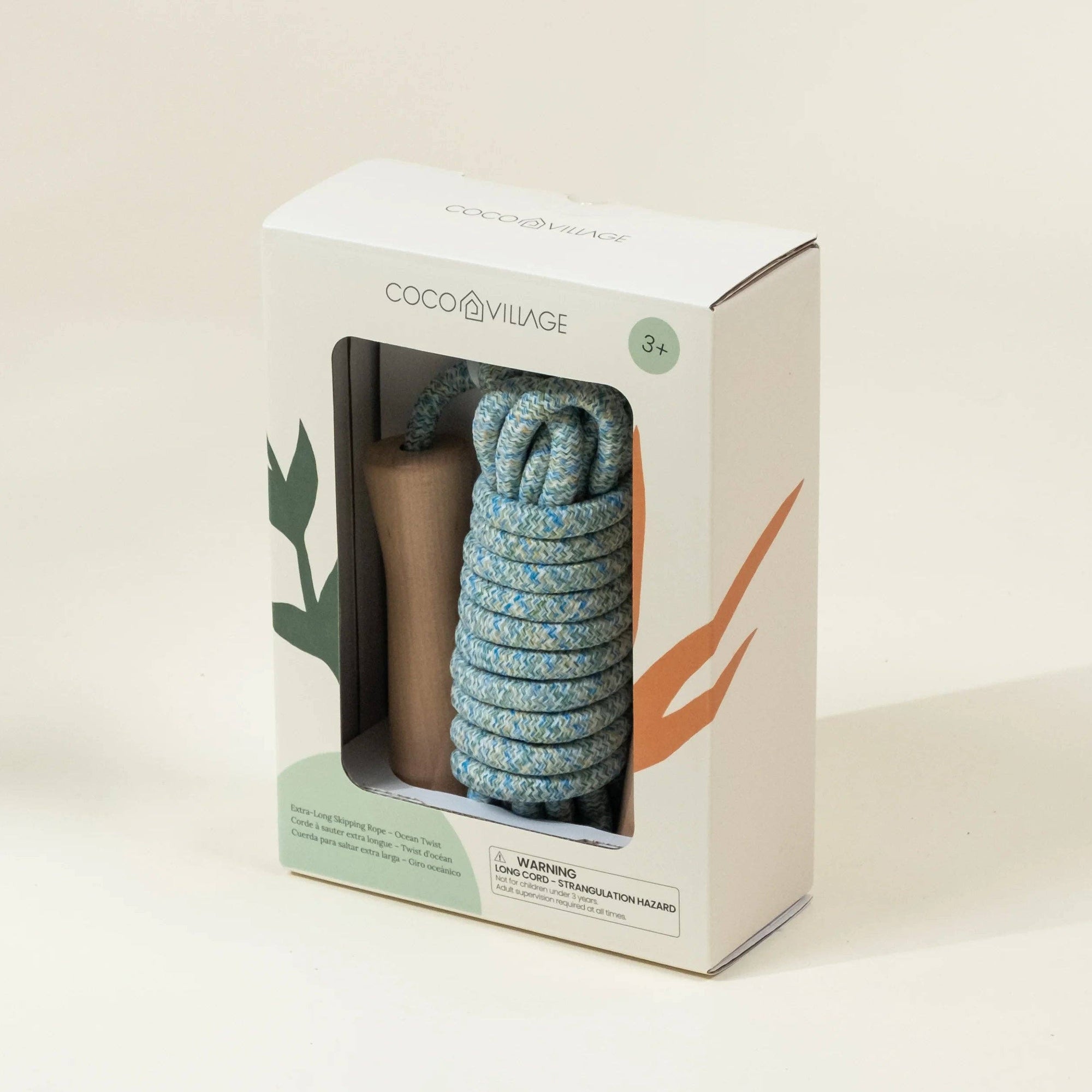 Packaged product with a blue rope and brown container on a beige background