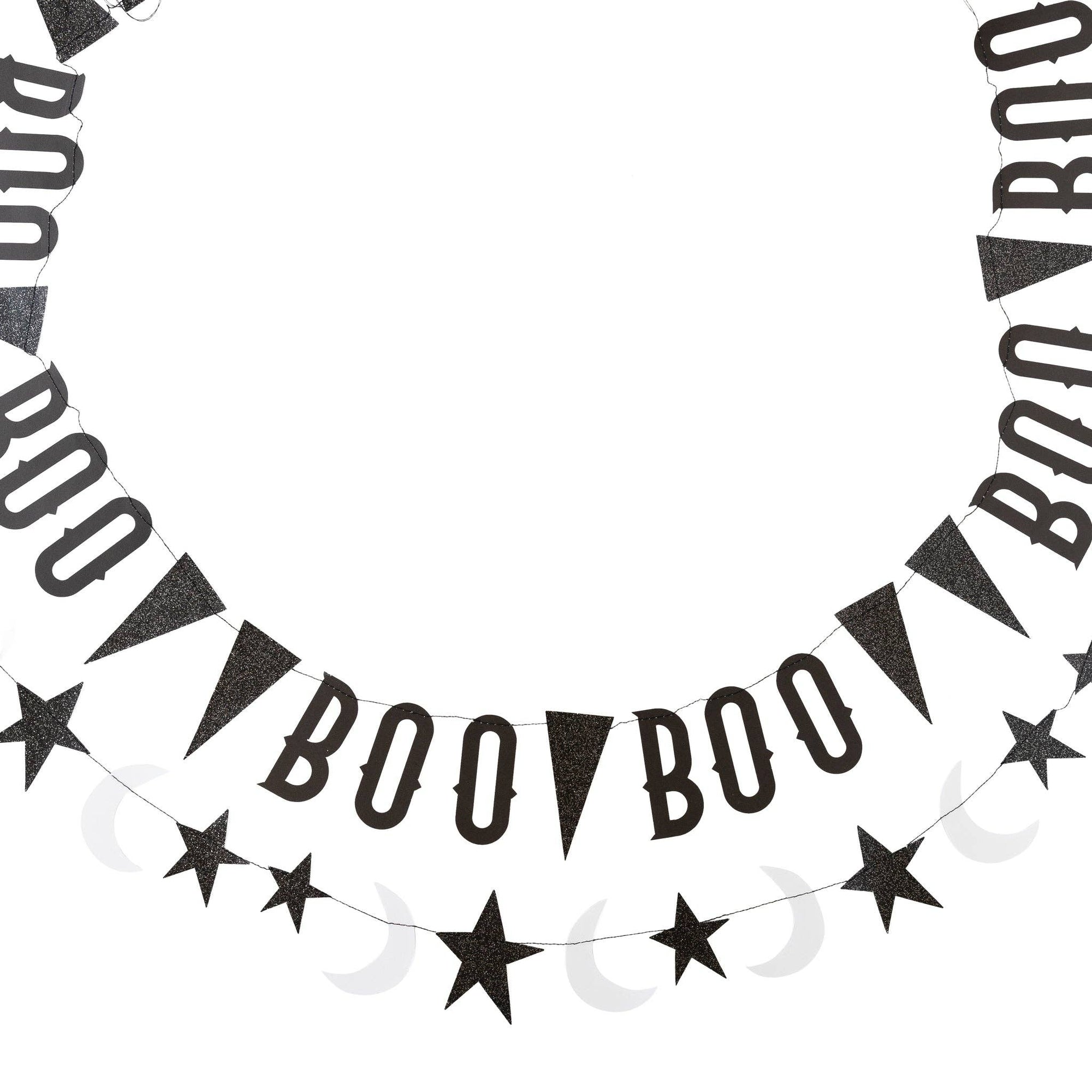 Halloween-themed banner with 'BOO' text and black stars on a white background