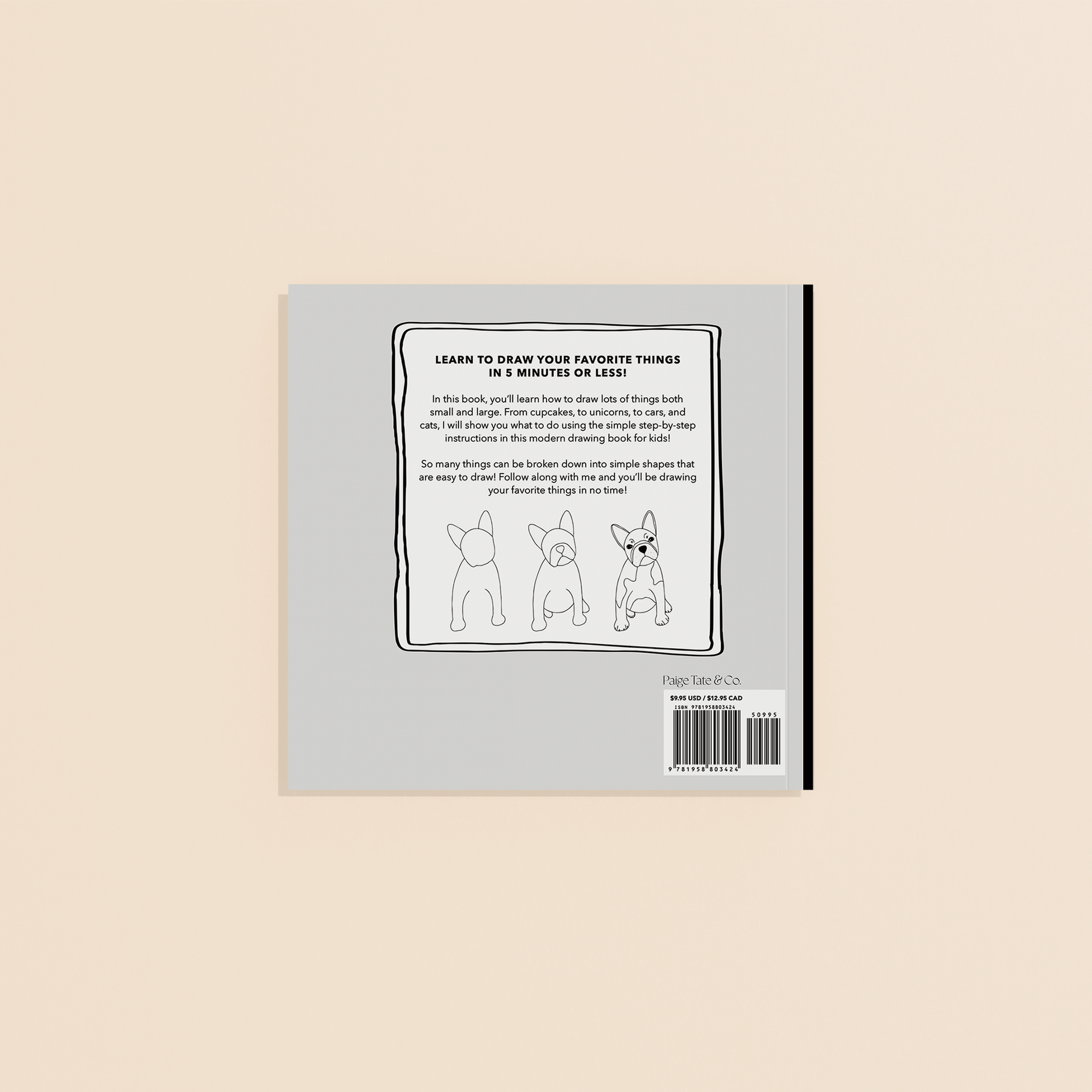 Back cover of a book with text and illustrations of dogs on a beige background