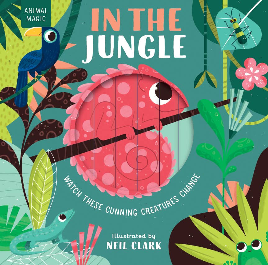 Book cover of 'In the Jungle' with colorful illustrations of animals and plants.