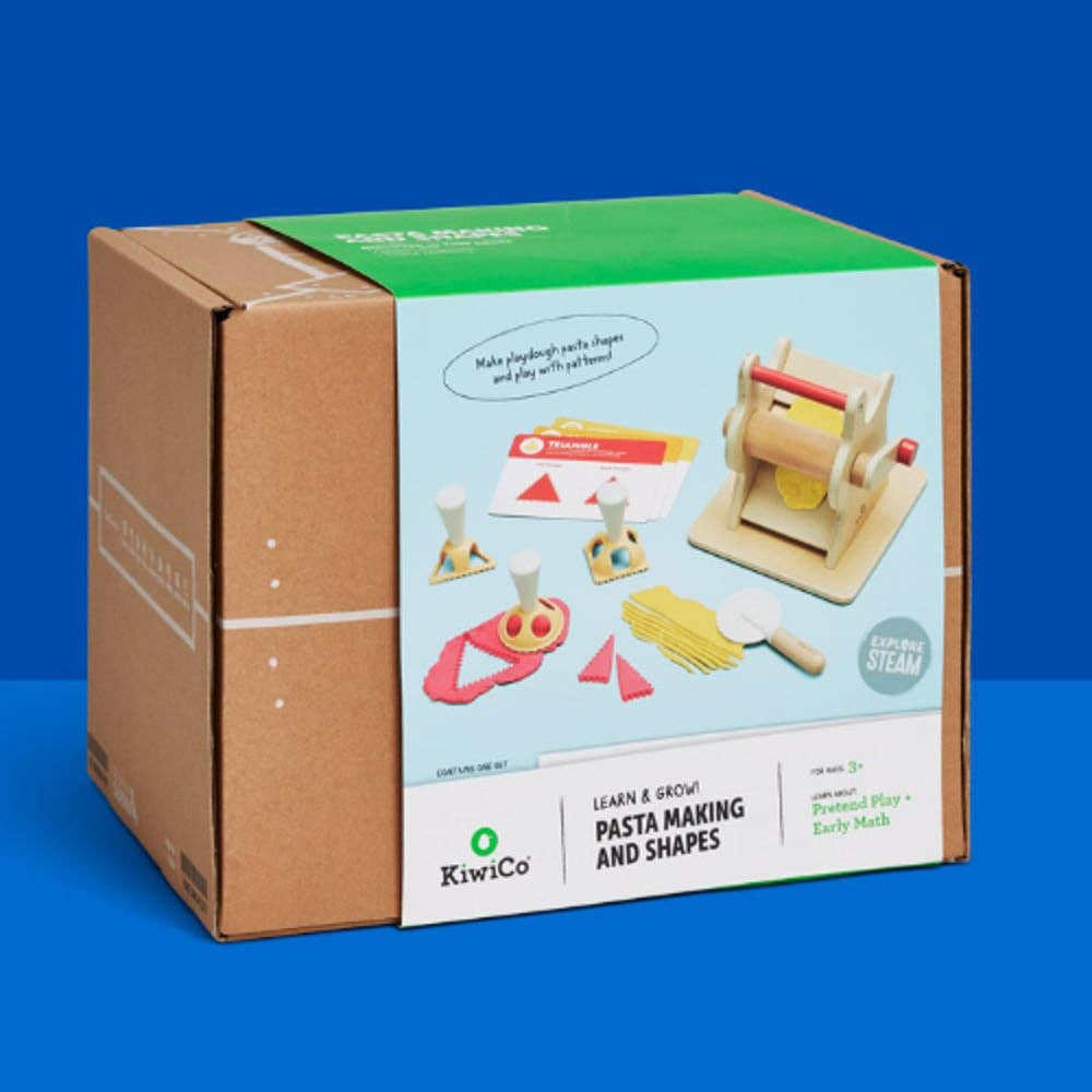 KiwiCo educational kit packaging for pasta making and shapes on a blue background
