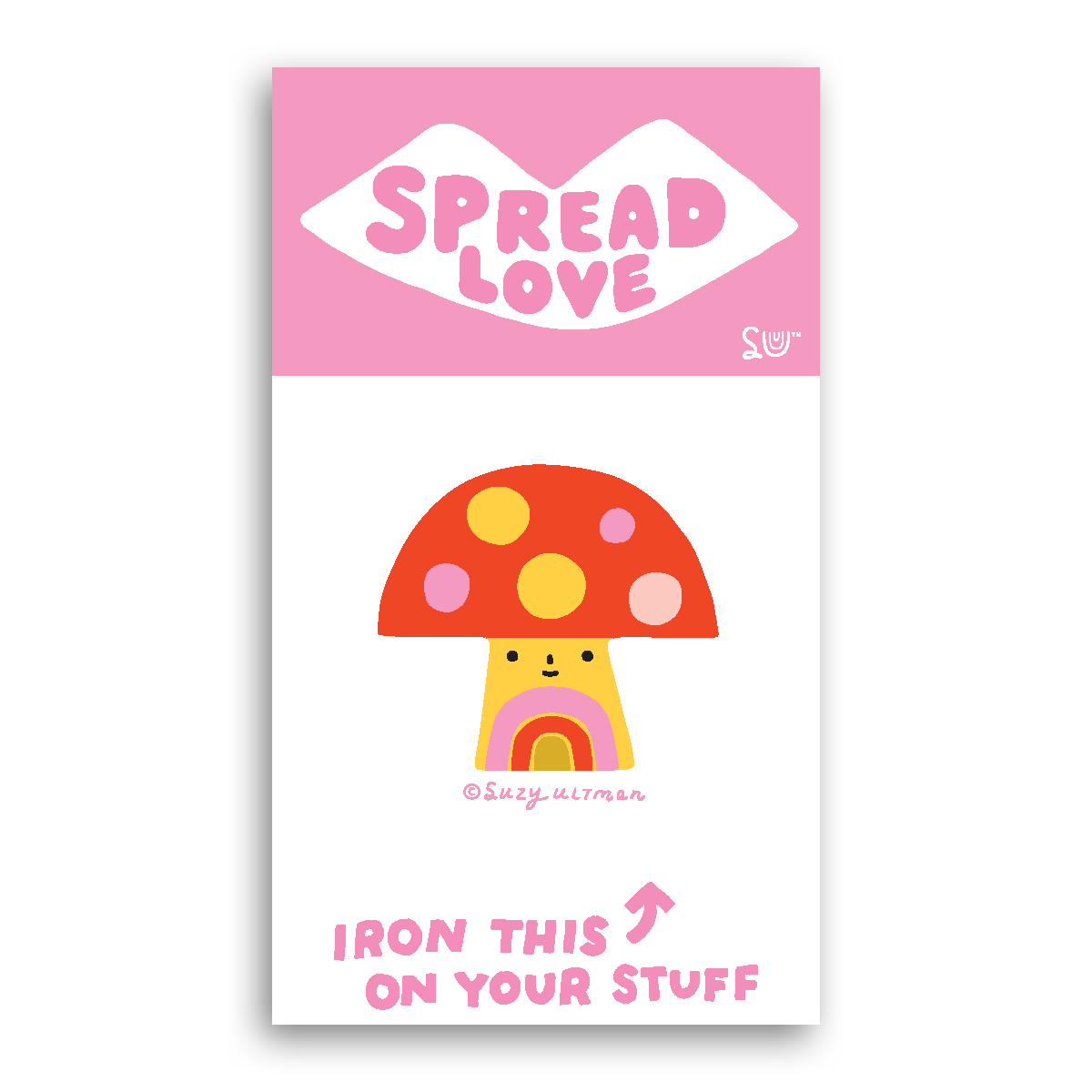 Iron-on patch with a mushroom design and 'Spread Love' text on a pink background