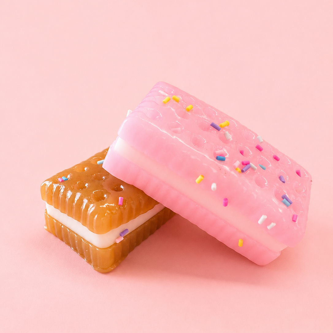 Two novelty sandwich cookies styled like ice cream sandwiches, one with pink frosting and sprinkles and one with caramel and white cream, on a solid pink background.