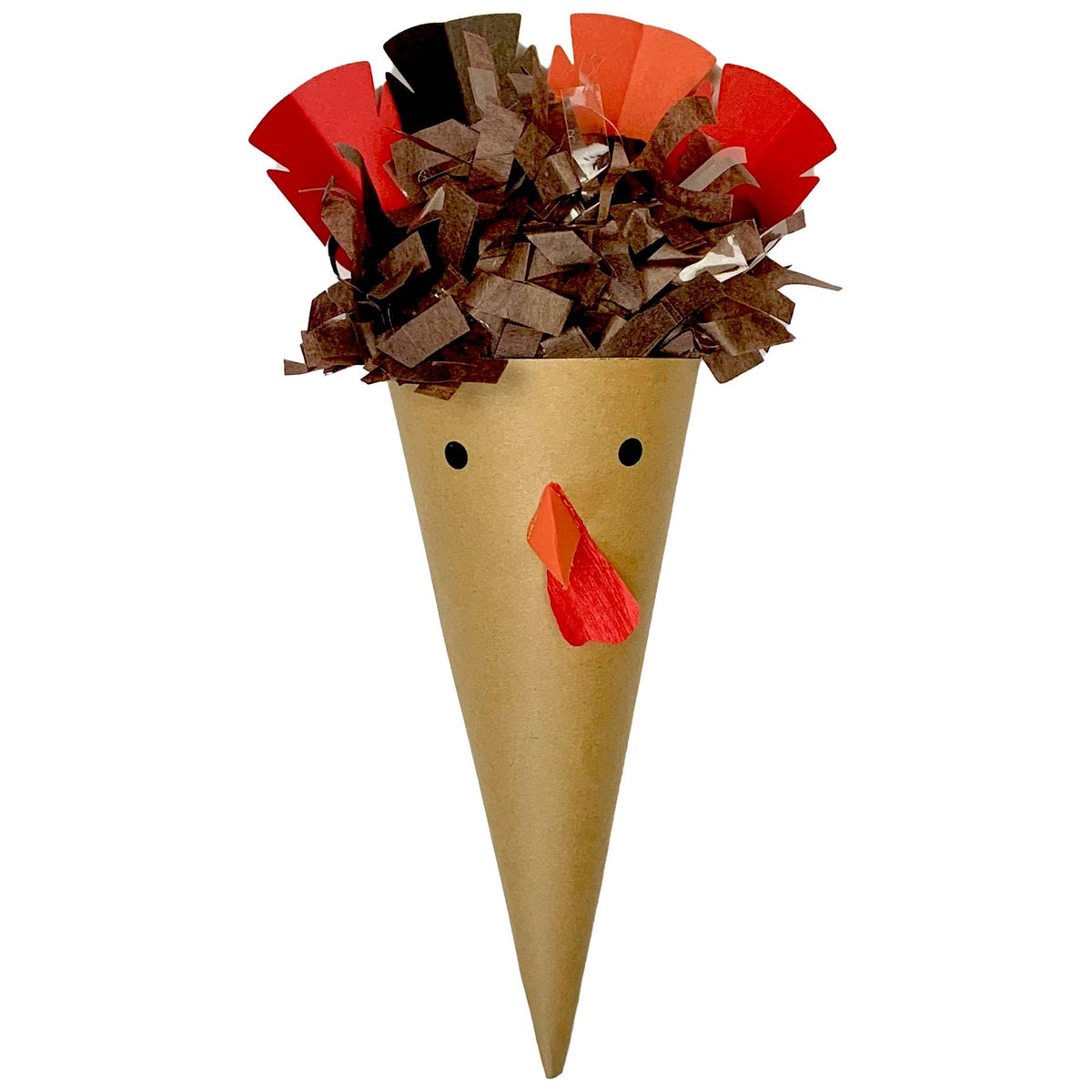 Cardboard cone decorated like a turkey with paper feathers on a white background