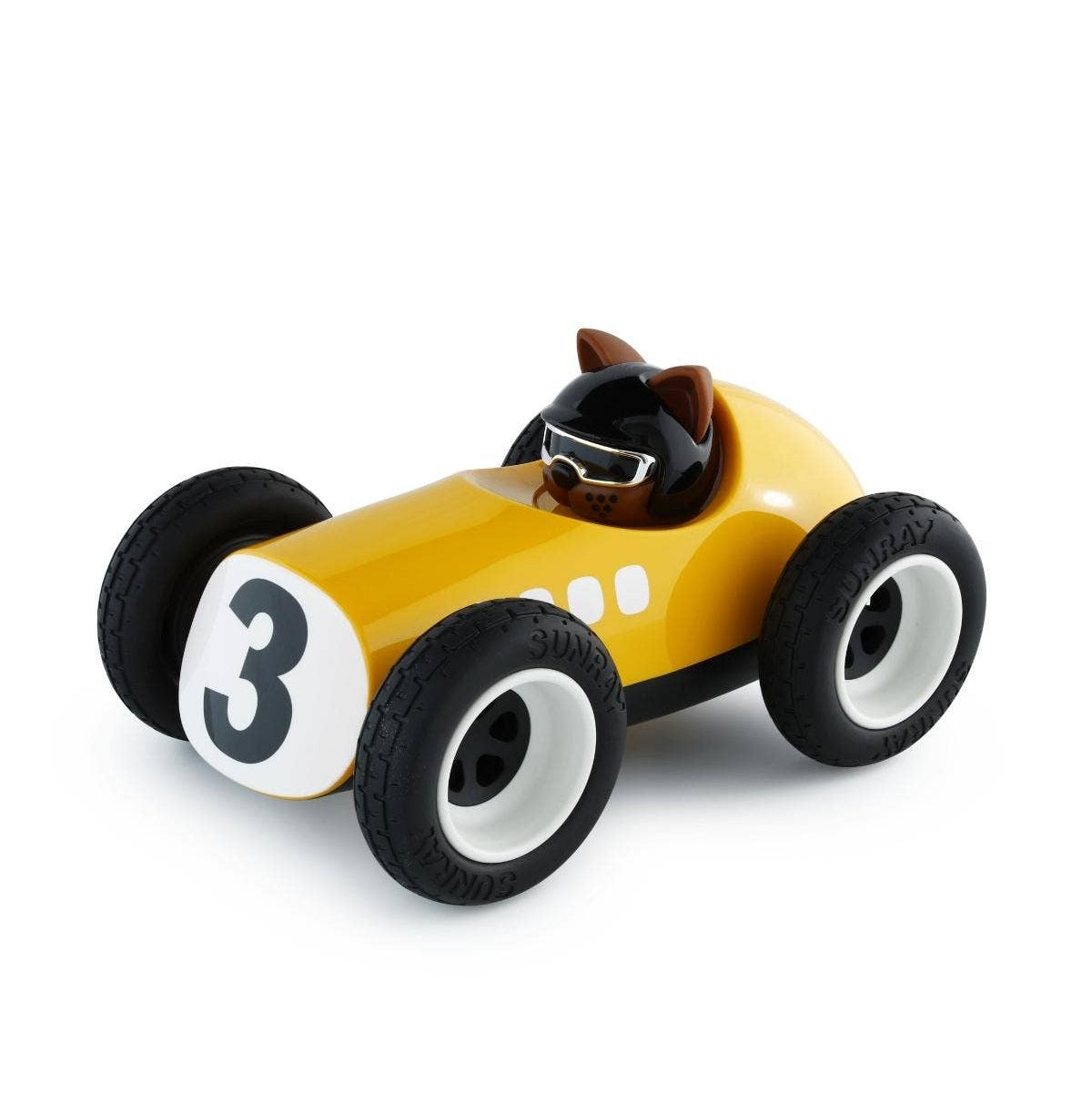 Yellow toy race car with number 3 on a white background