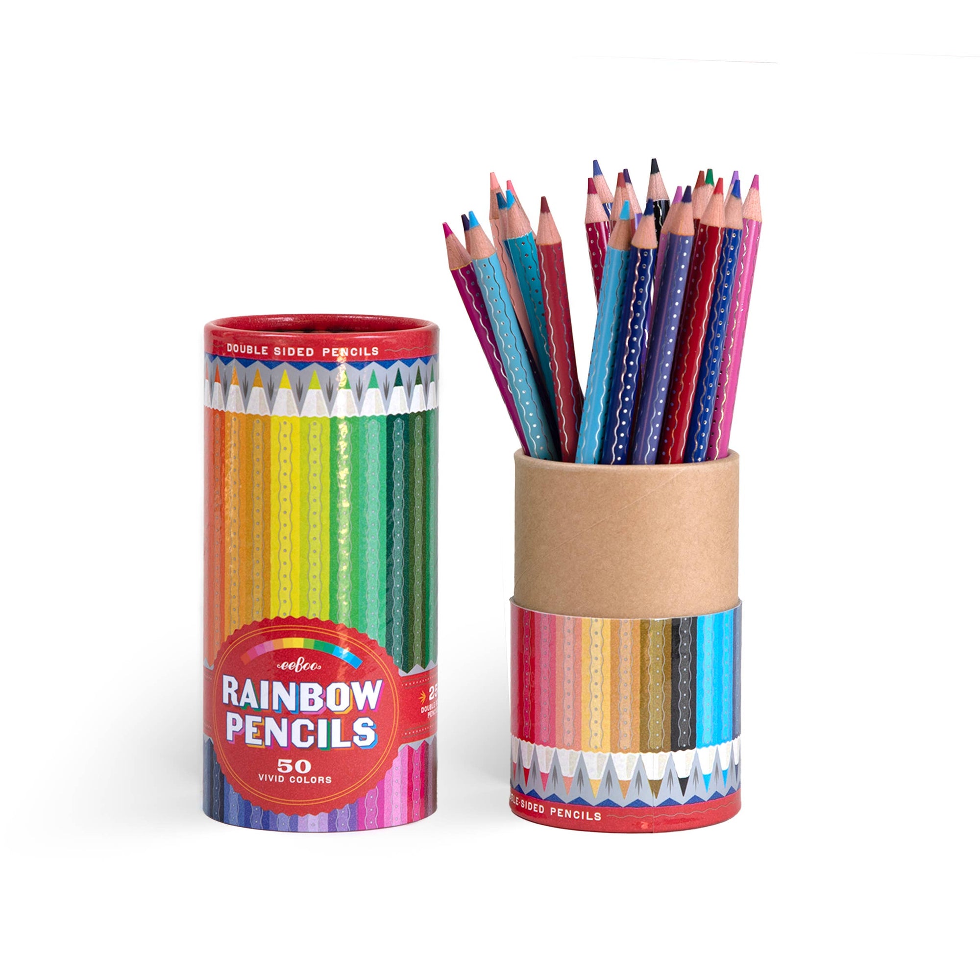 Set of rainbow-colored pencils with packaging on a white background