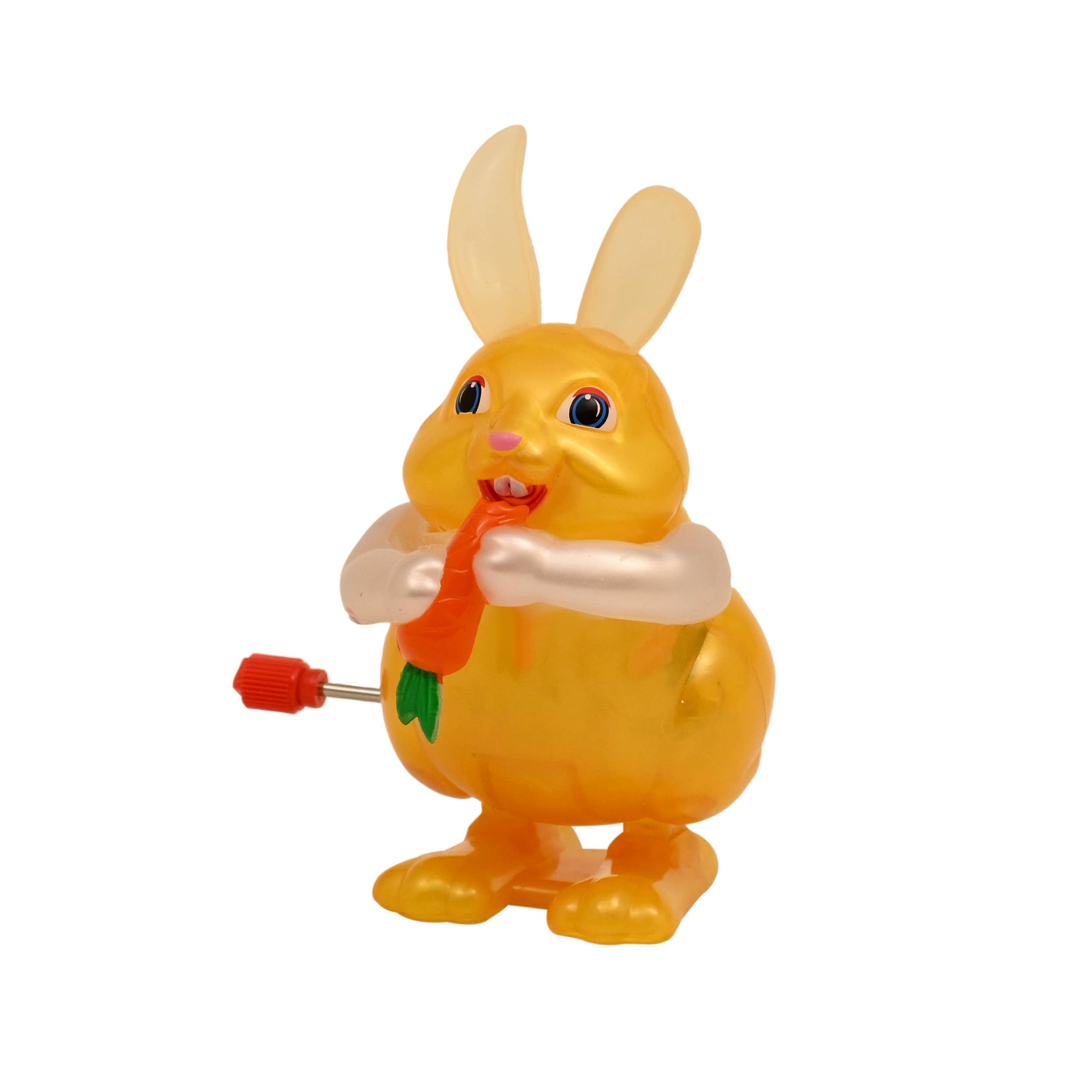 Yellow rabbit toy with a carrot on a white background