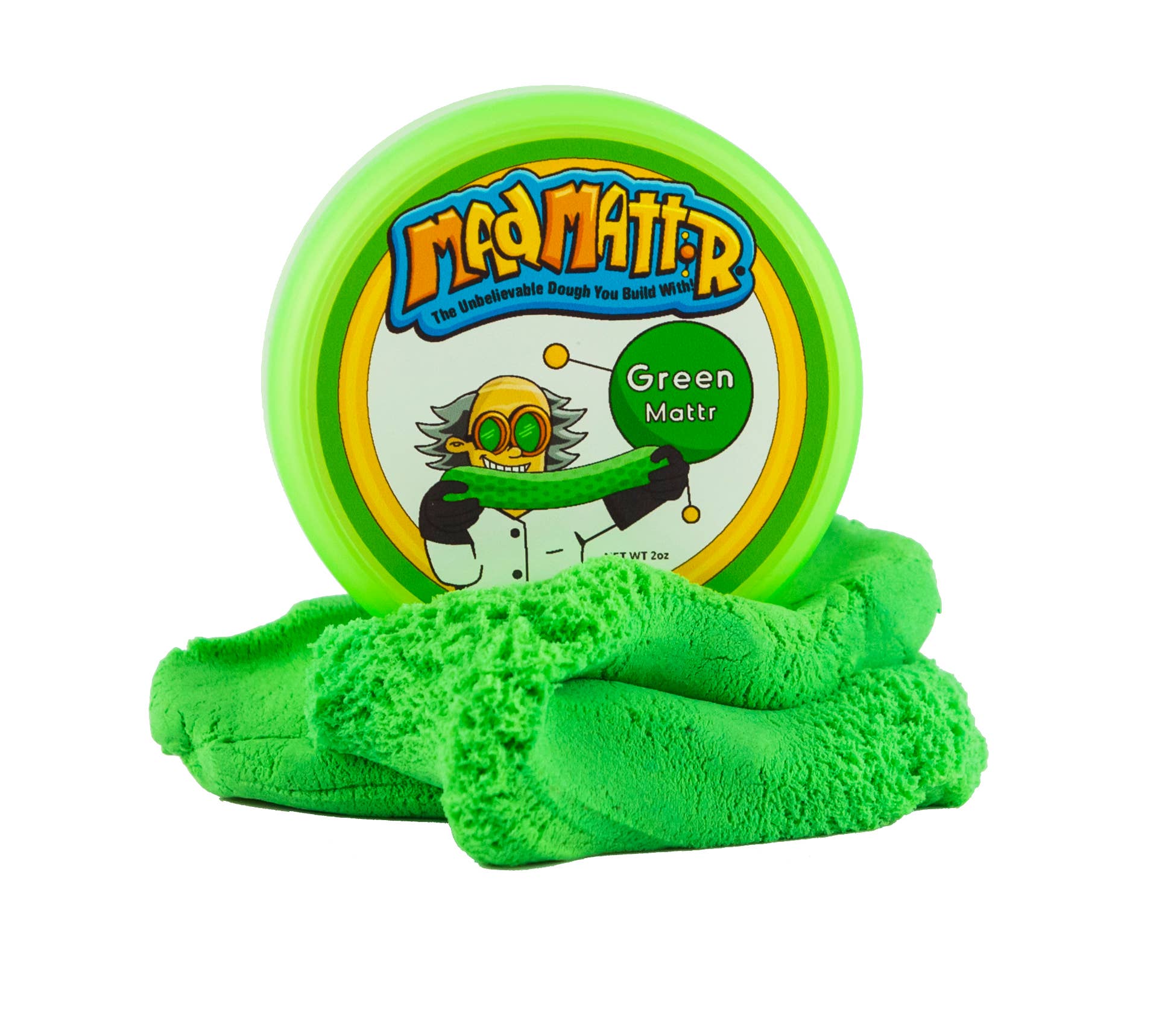 Green play-dough with a label on a white background