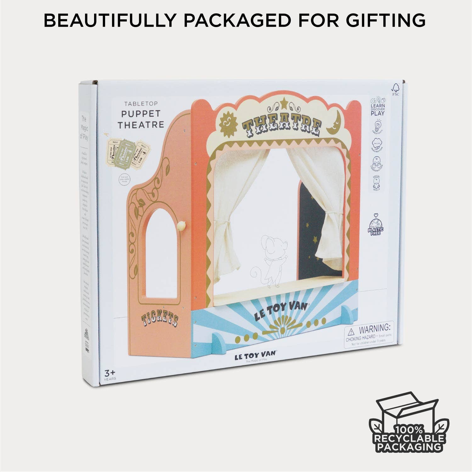 Le Toy Van puppet theatre packaging with decorative design and branding.