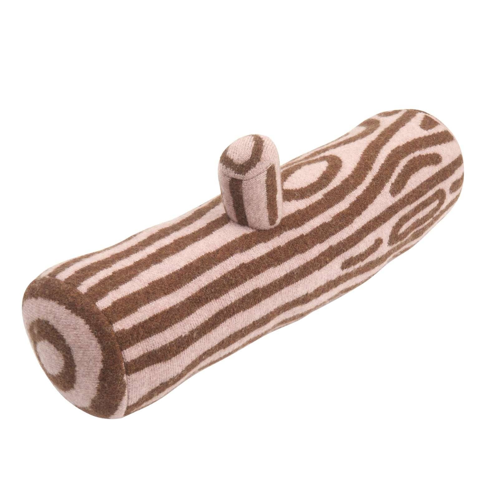 A plush dog toy shaped like a log with a brown and beige wood grain pattern, isolated on a white background.