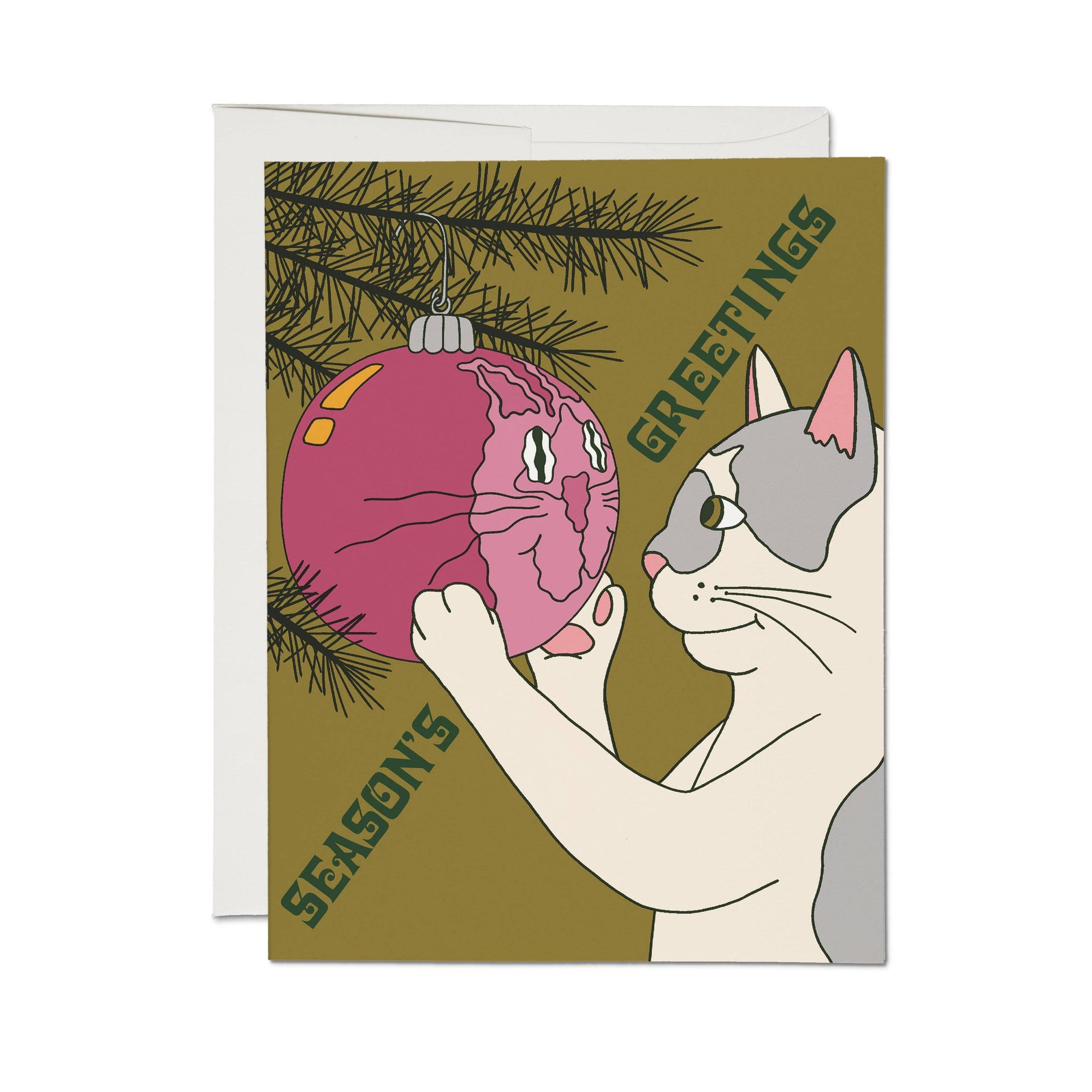 Greeting card with a cat holding a Christmas ornament and 'Season's Greetings' text.