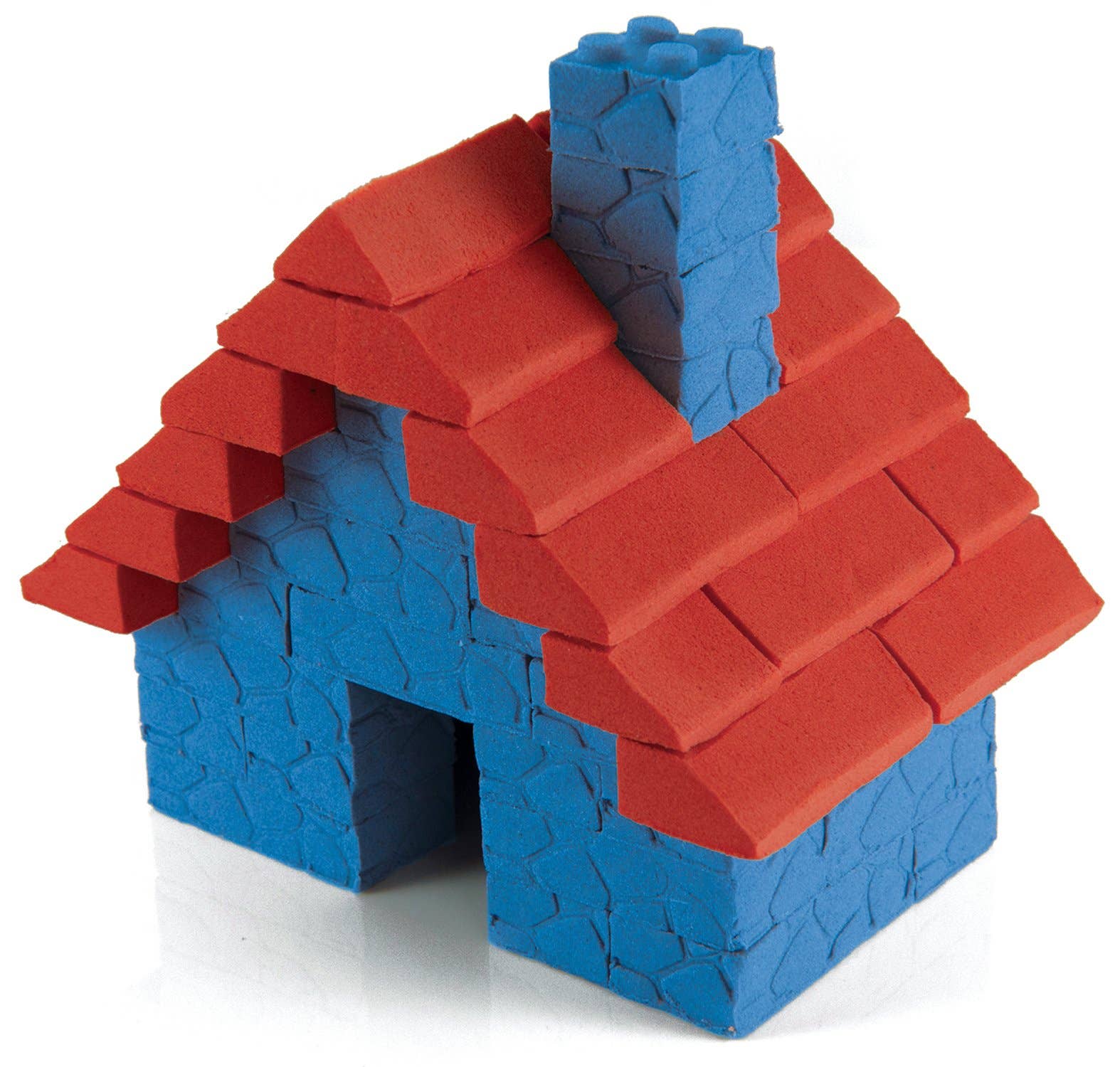 Toy building set with red roof and blue base on a white background