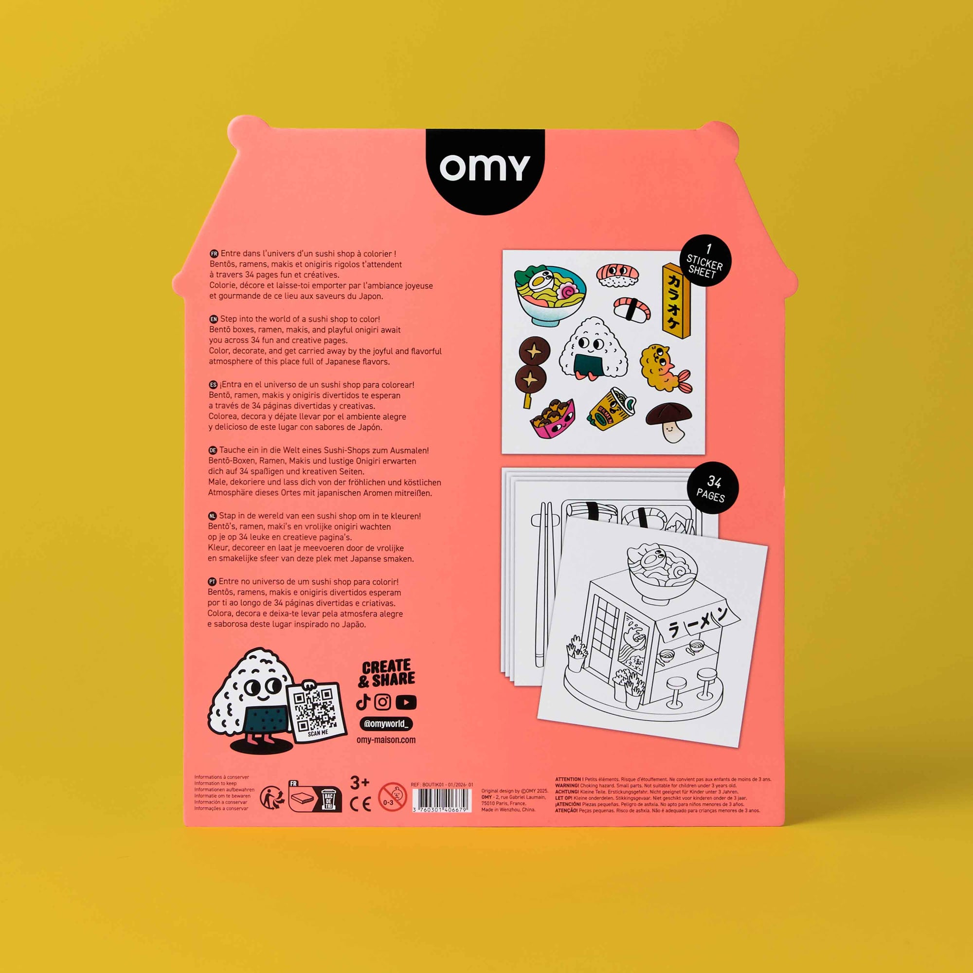 Pink packaging of OMY with illustrations and text on a yellow background