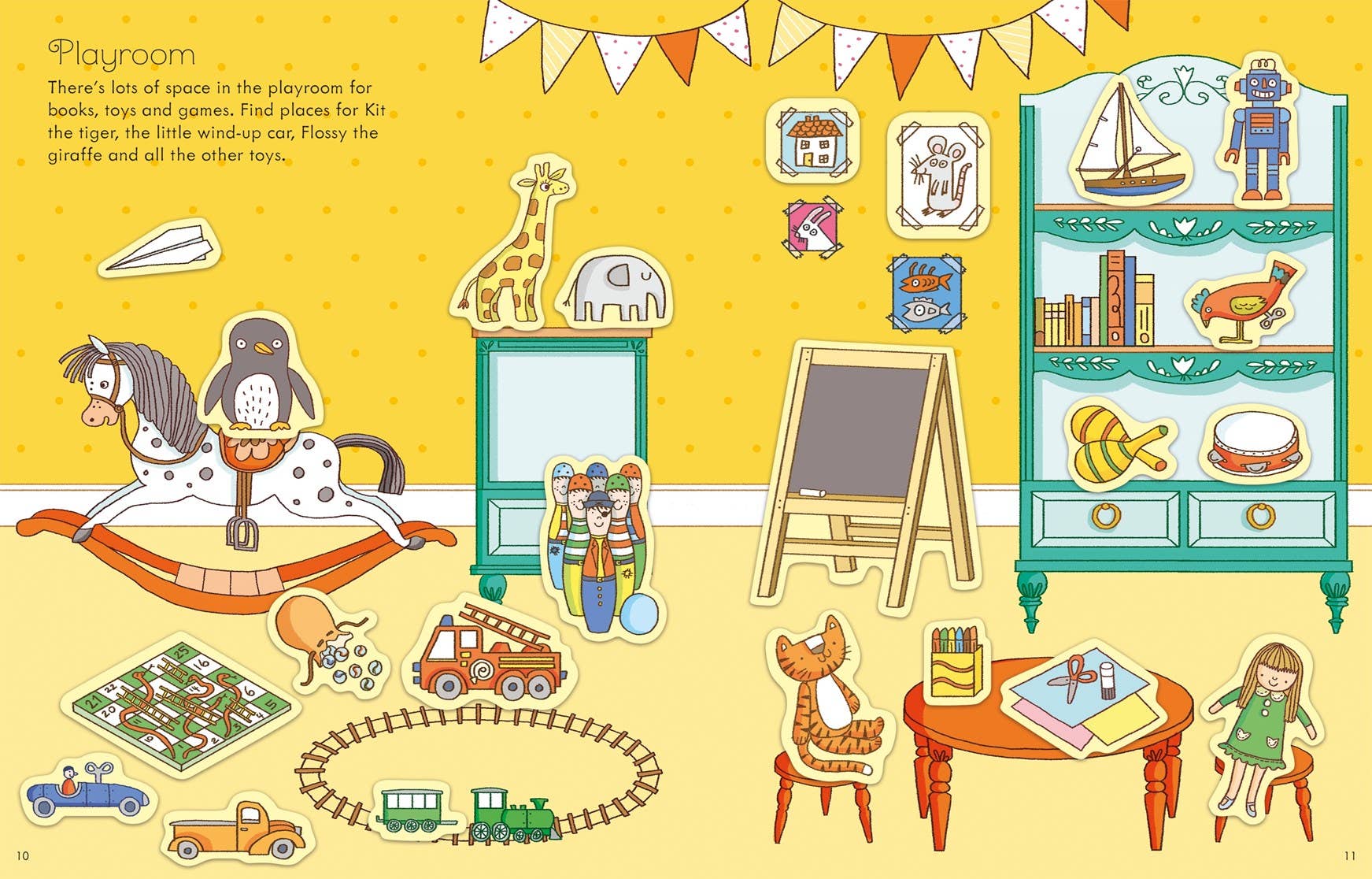 Illustration of a colorful playroom with toys and furniture on a yellow background