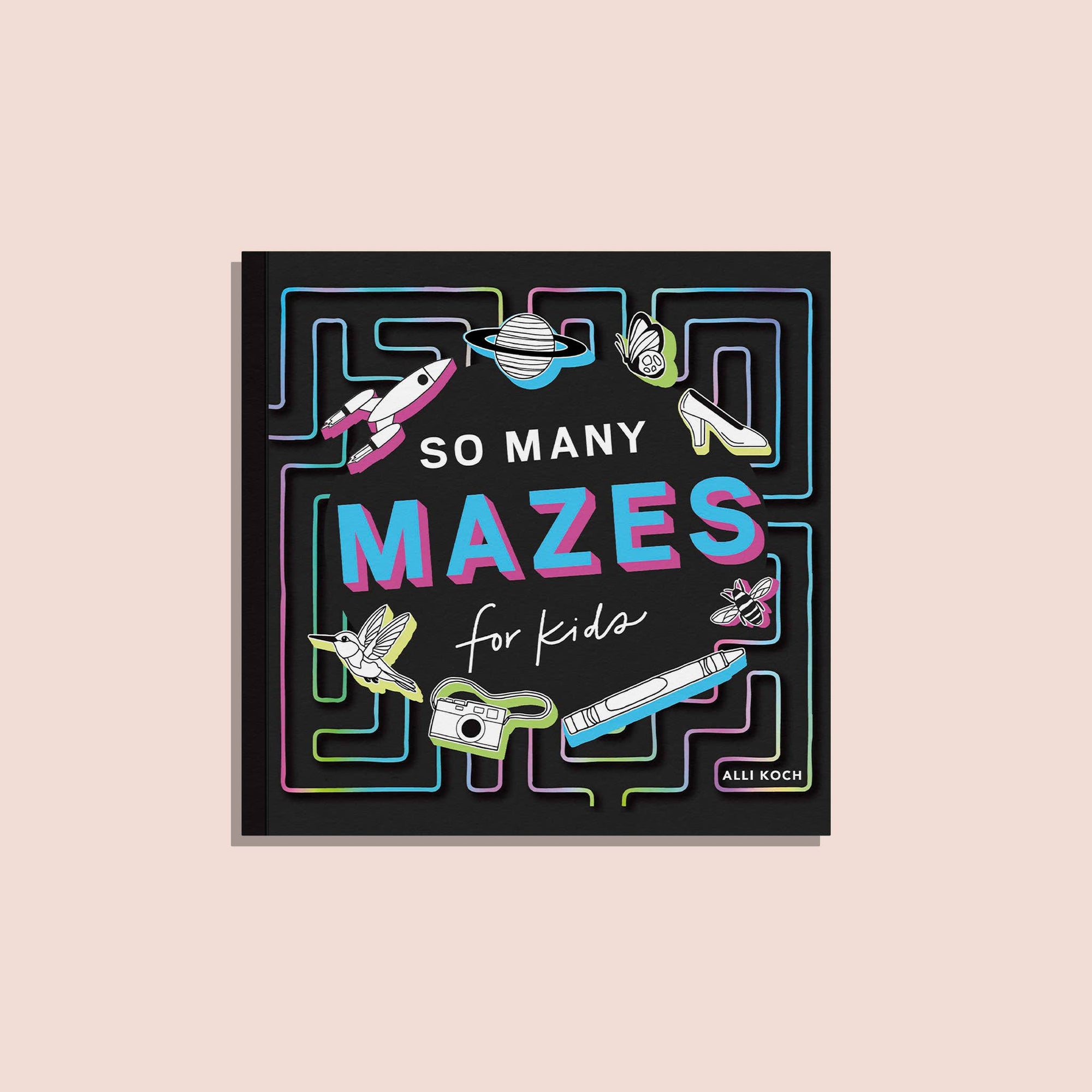 Book cover of 'So Many Mazes for Kids' with colorful maze illustrations on a black background.