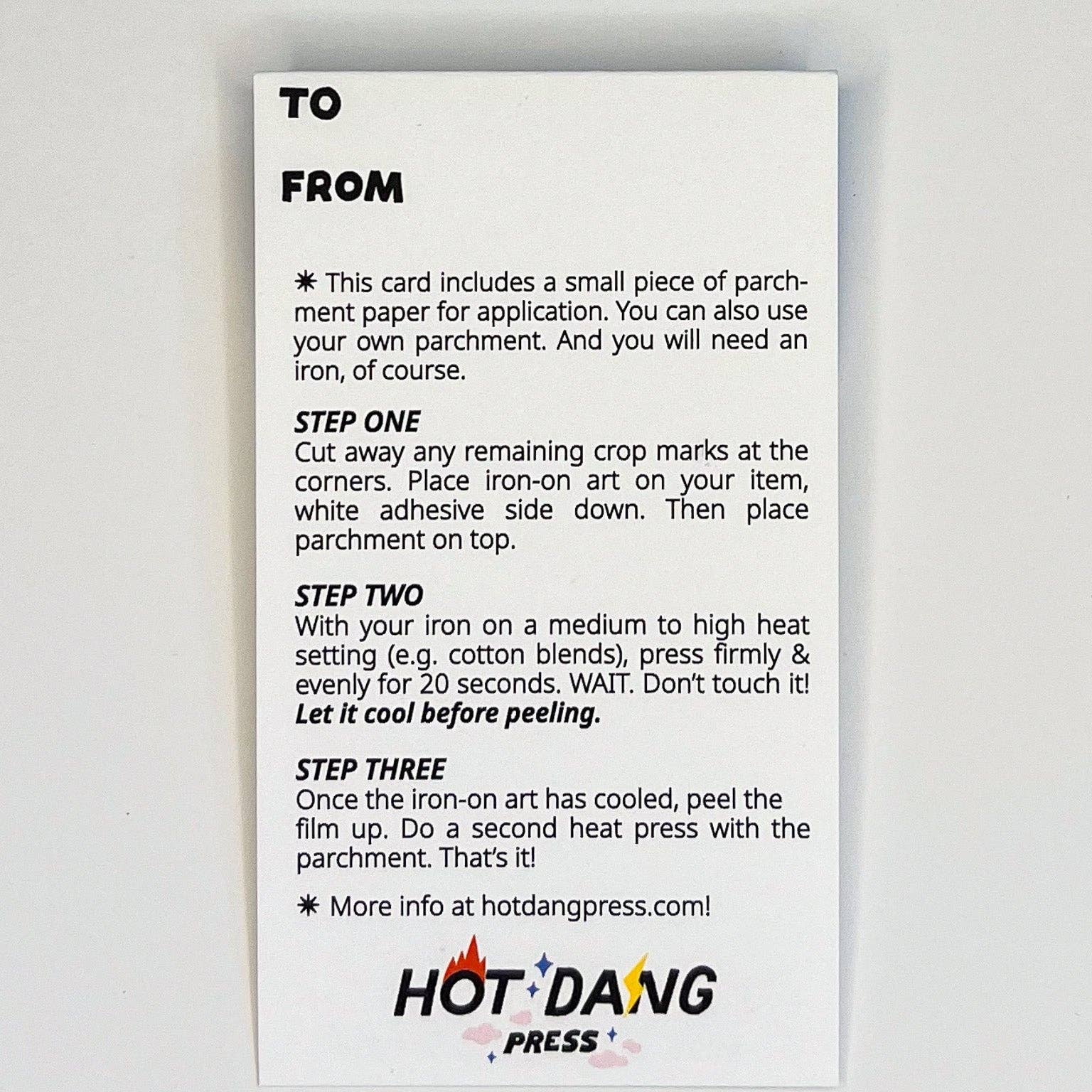 Instructions card for iron-on application on a white background