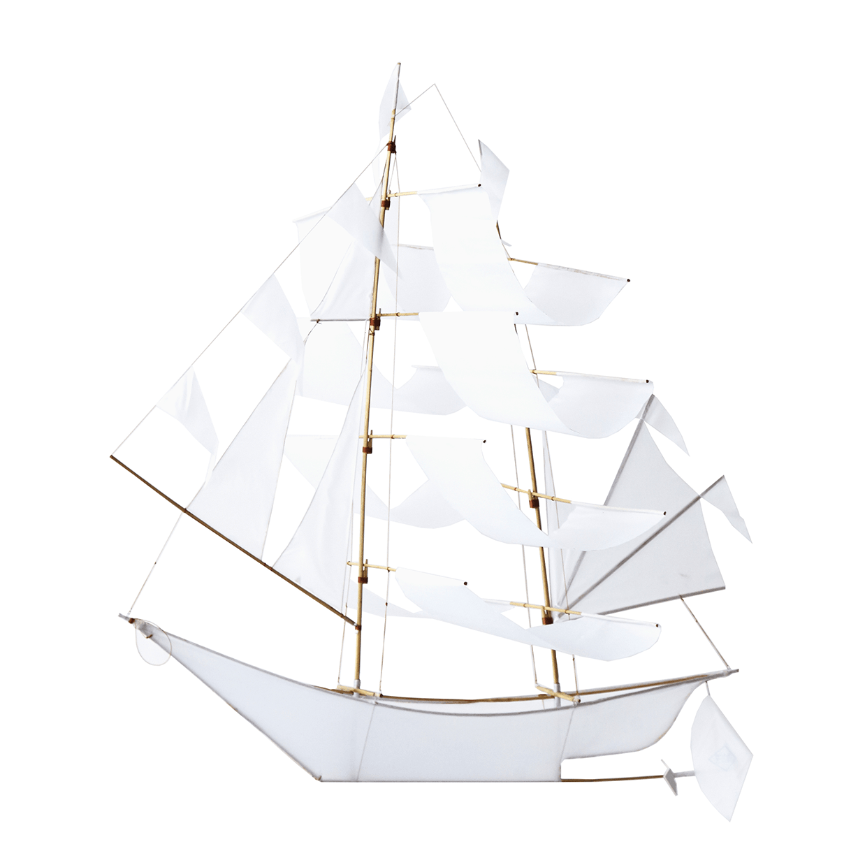 Model sailboat with white sails and gold masts on a white background