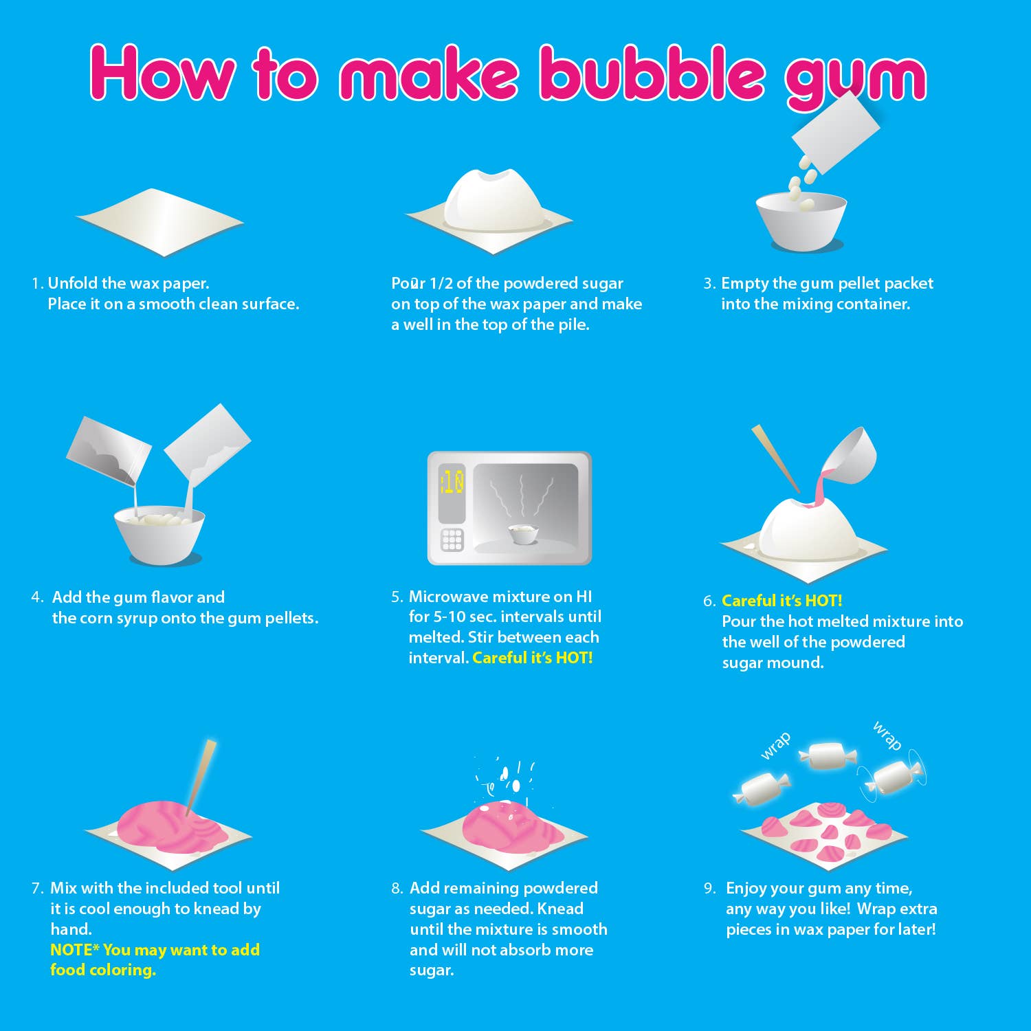 Step-by-step guide on how to make bubble gum with text and illustrations.