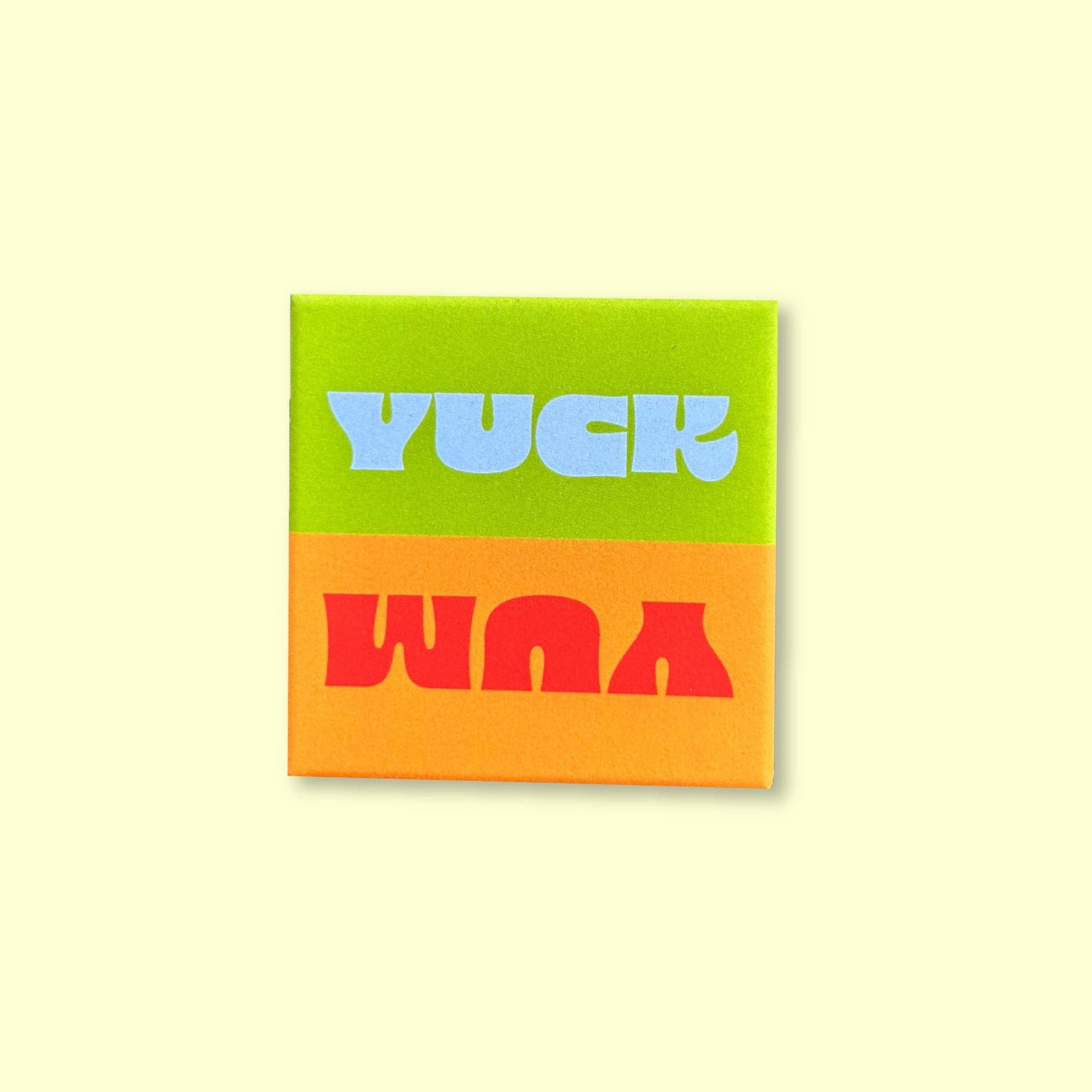 Colorful square with 'YUCK' and 'WOW' text on a light yellow background