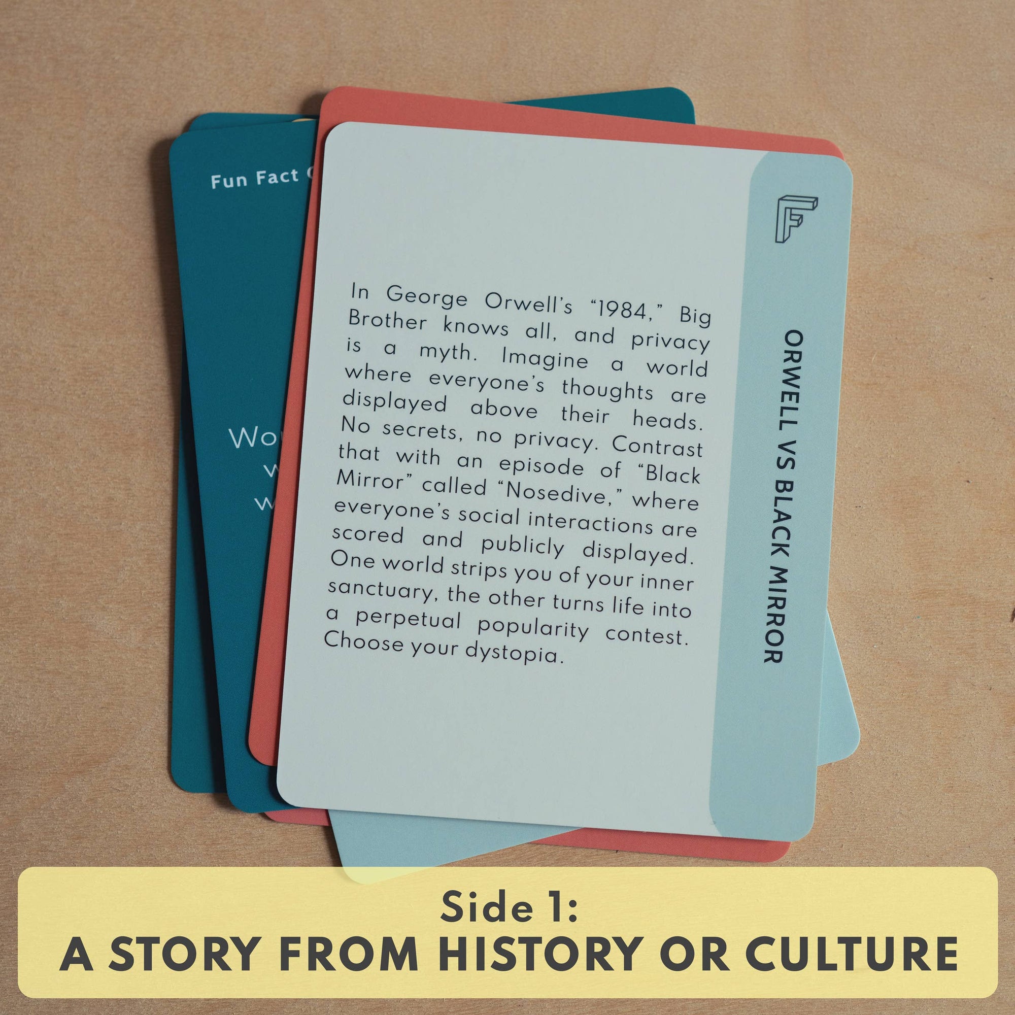 Stack of cards with text on a beige background, featuring a quote from George Orwell's '1984'.