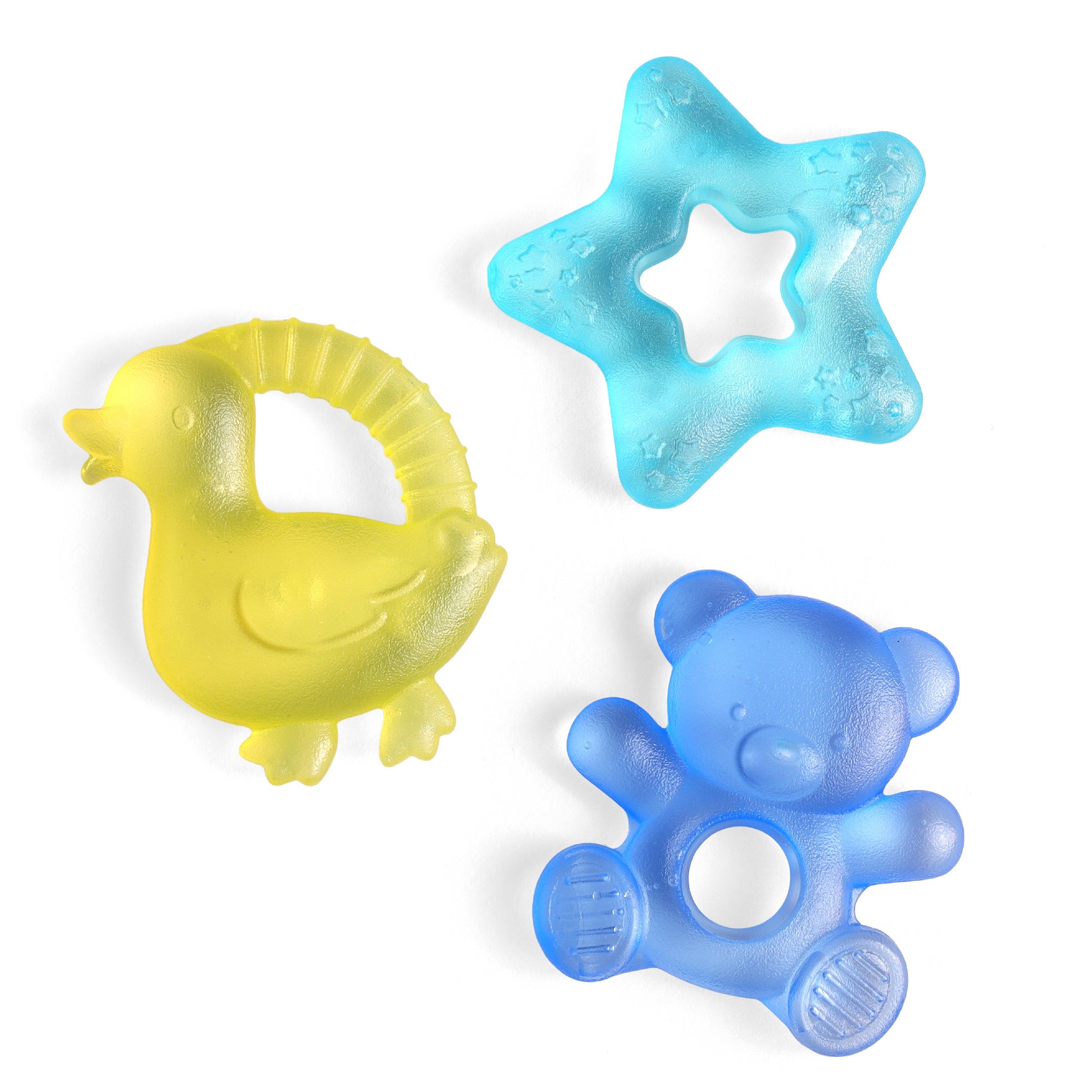 Three colorful baby teething toys on a white background