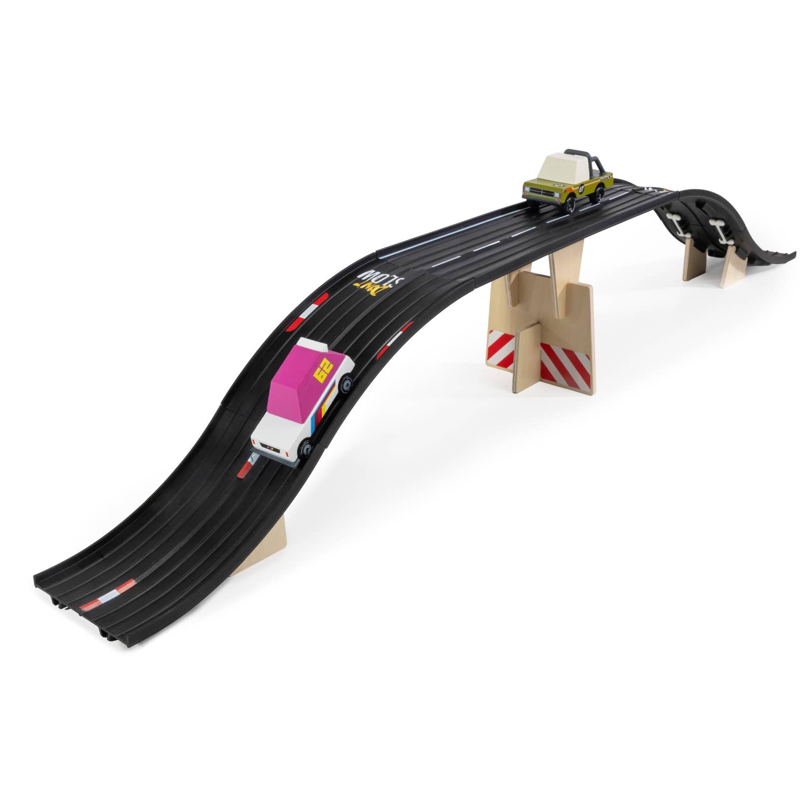 Toy race track set with cars on a white background