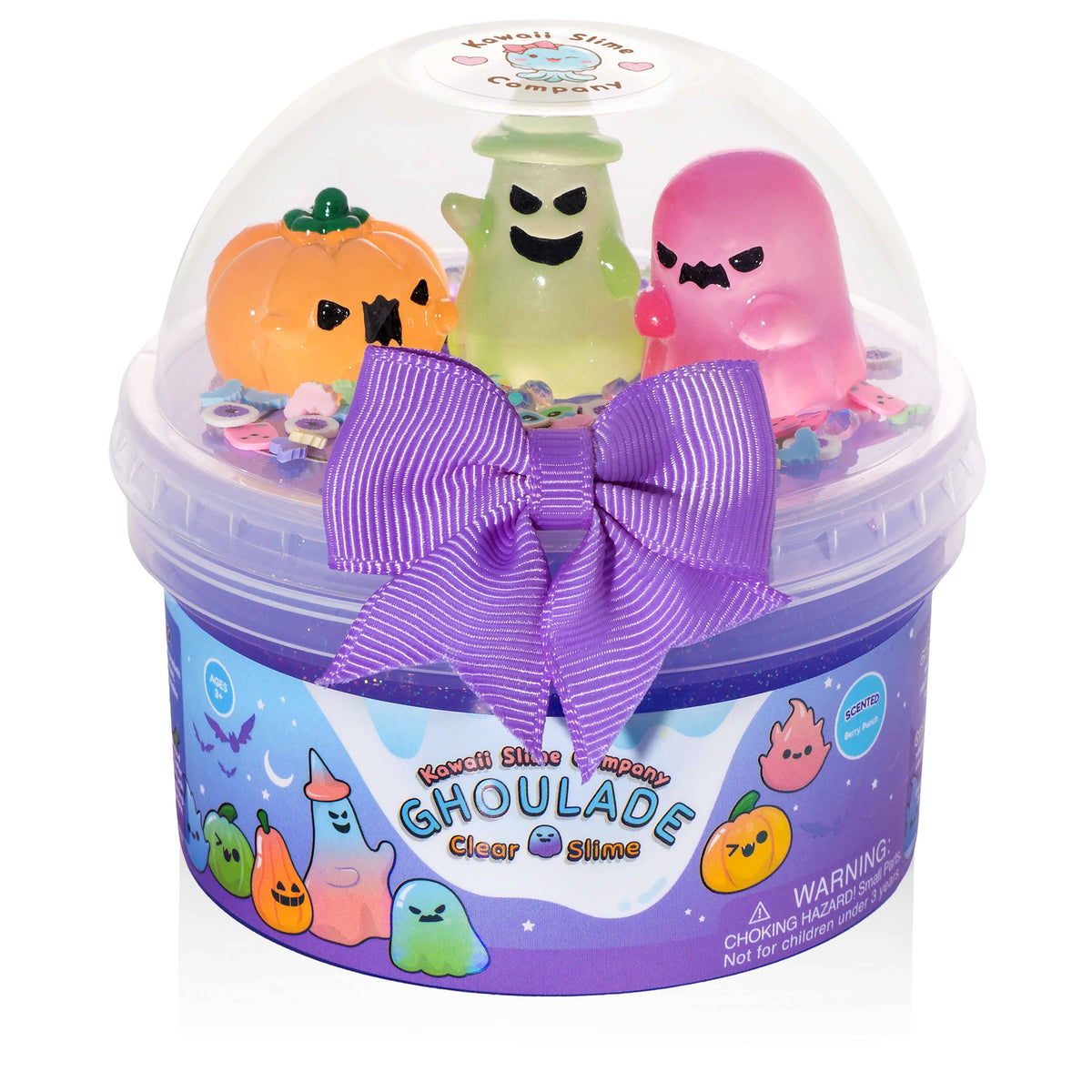 Clear slime set with colorful ghouls in a container with a purple bow, featuring the brand 'Ghoulade'.