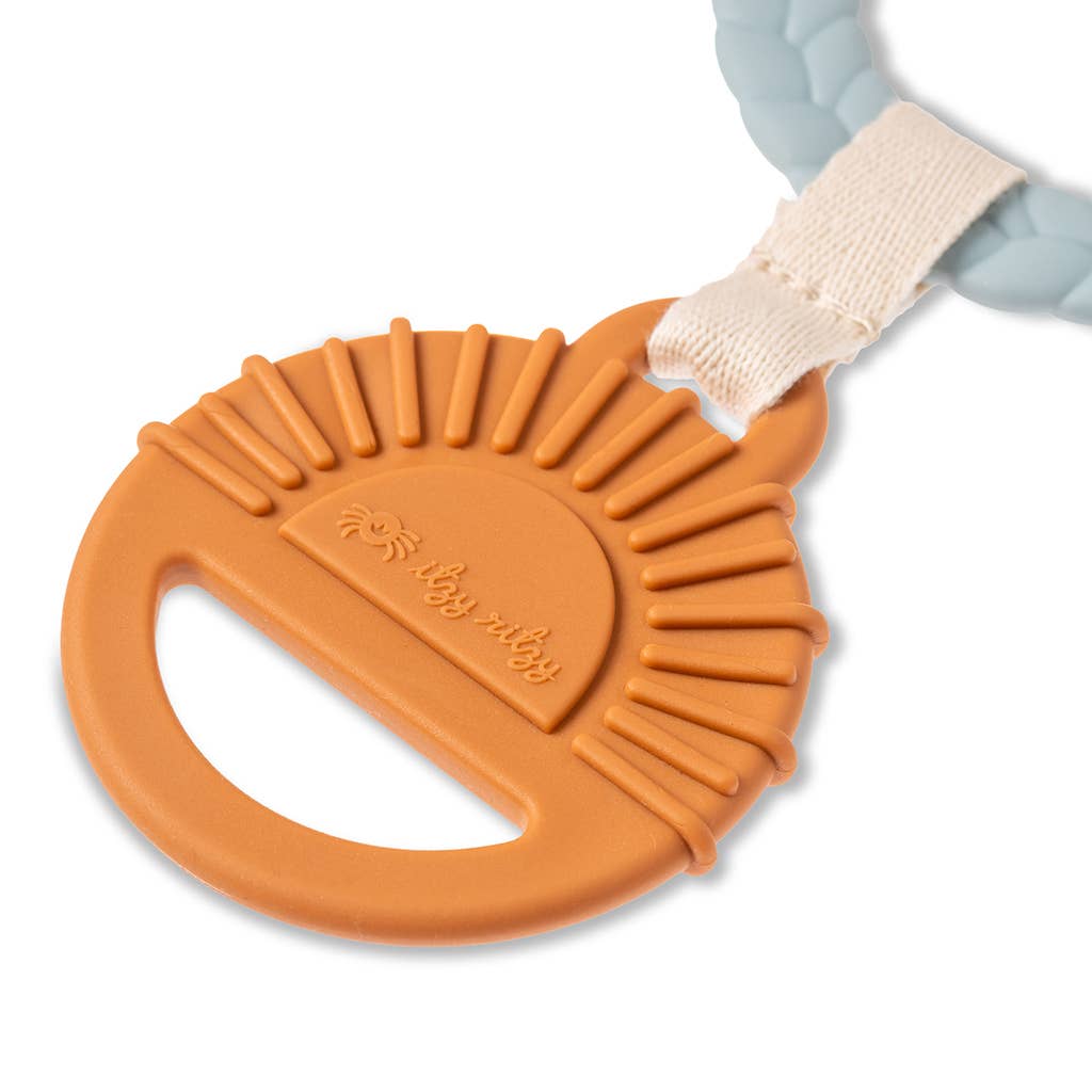 Orange silicone teether with a brand logo on a white background