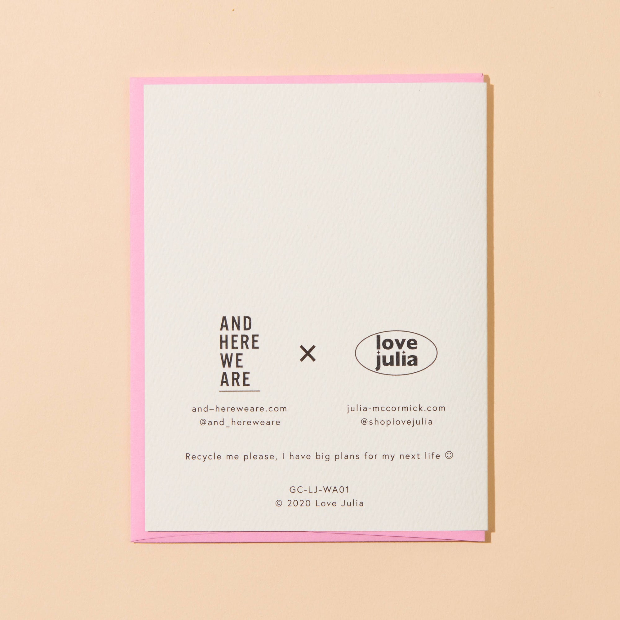 Card with text and branding on a beige background