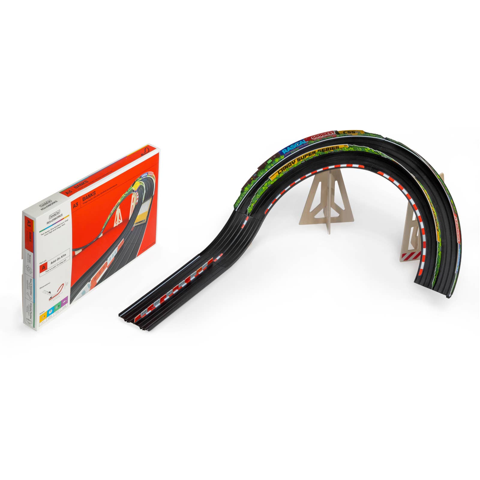 Toy race track set with packaging on a white background