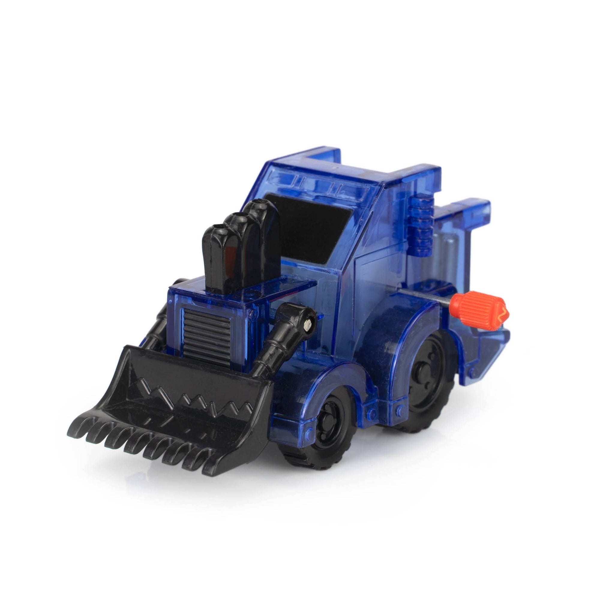 Toy bulldozer with blue and black colors on a white background