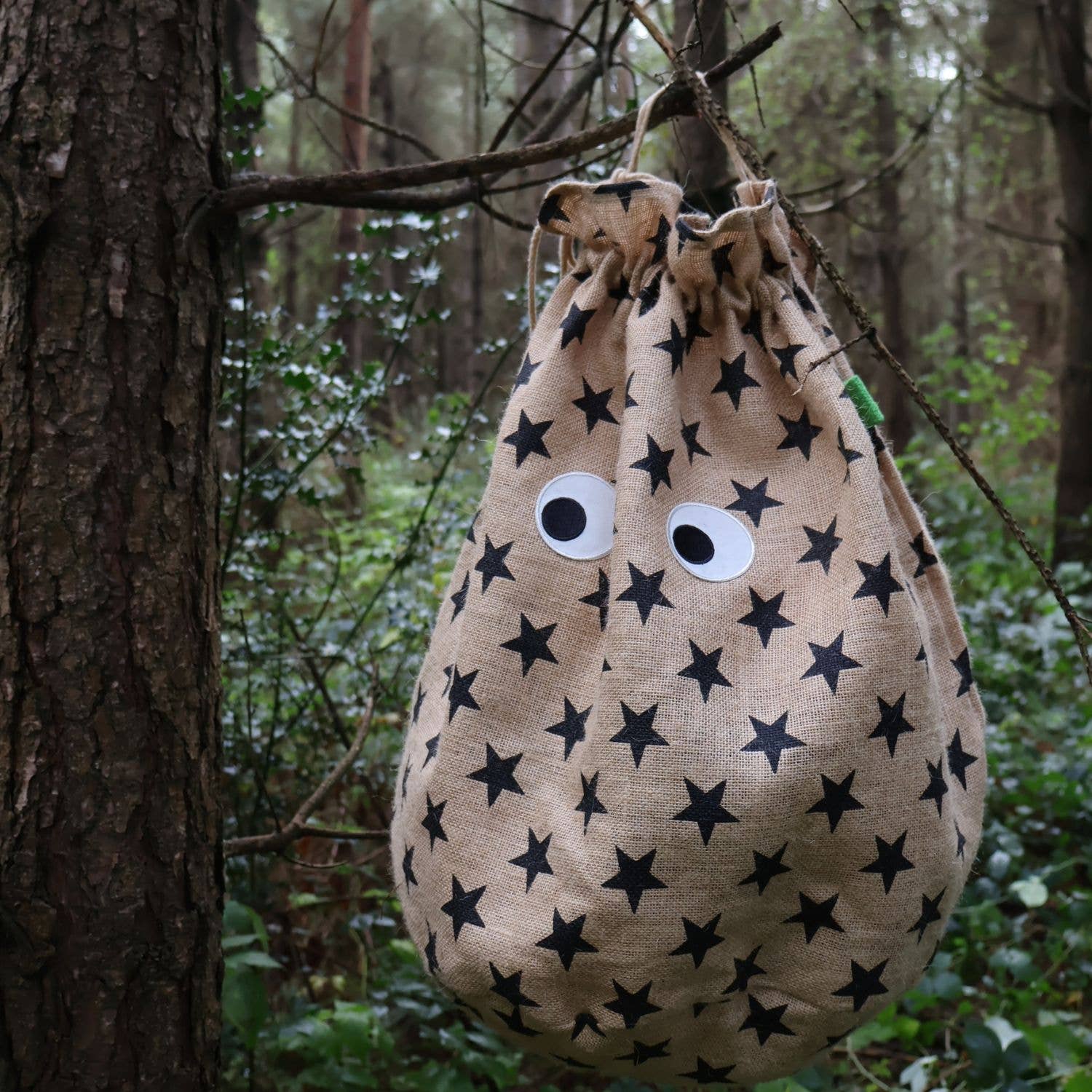 Drawstring bag with star pattern and googly eyes hanging from a tree in a forest setting