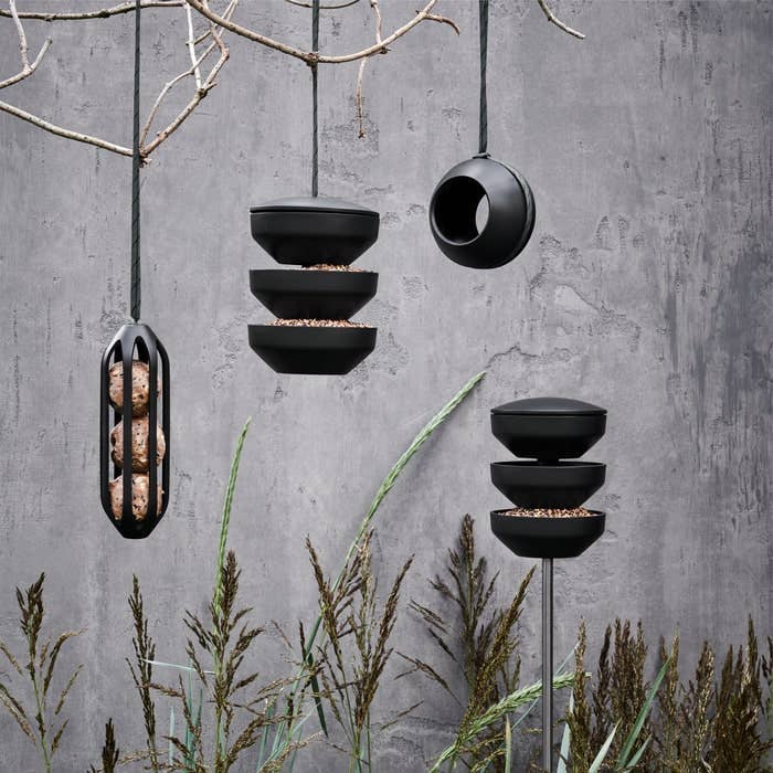 Black bird feeders hanging against a textured gray wall with plants in the foreground.