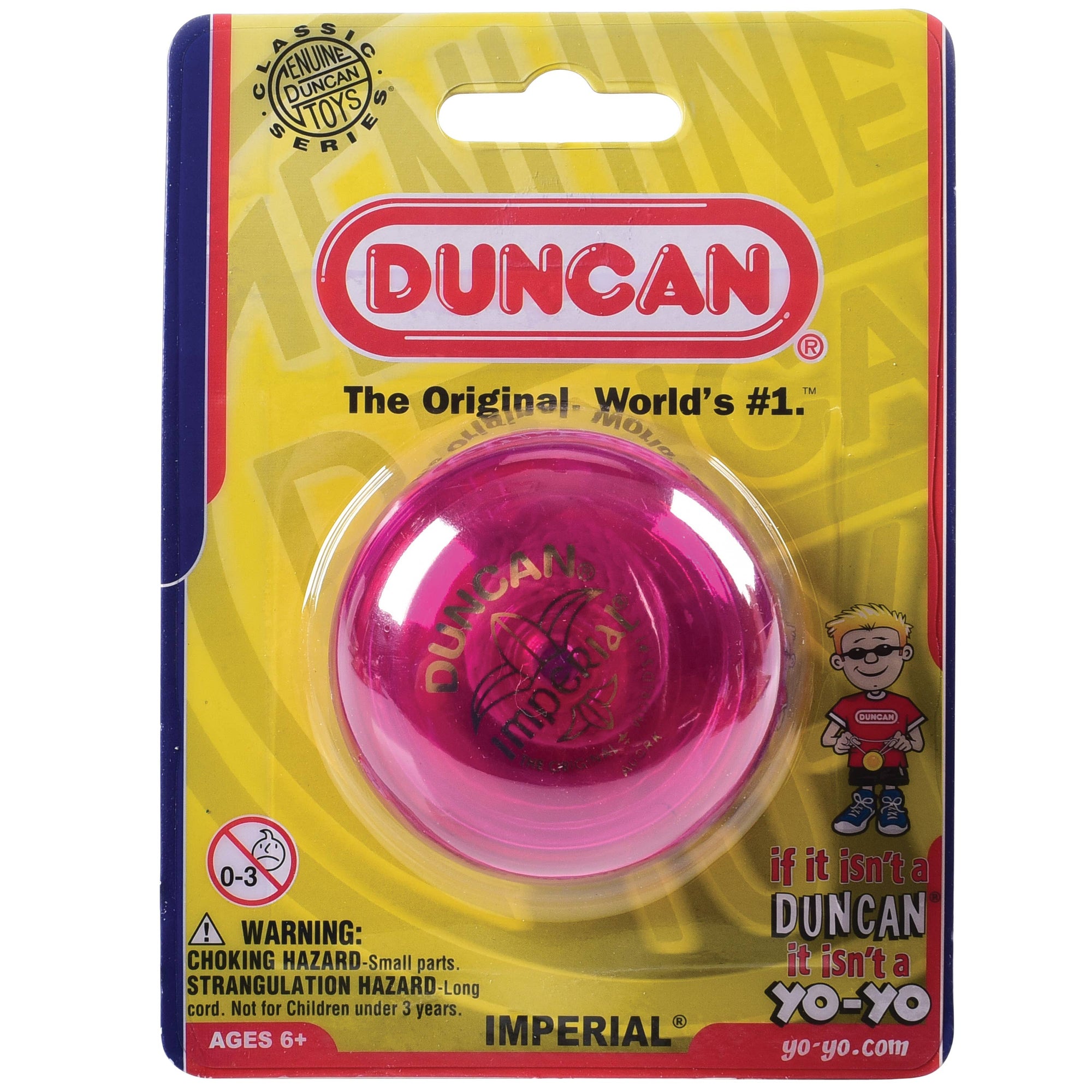 Pink yo-yo in yellow packaging with Duncan branding