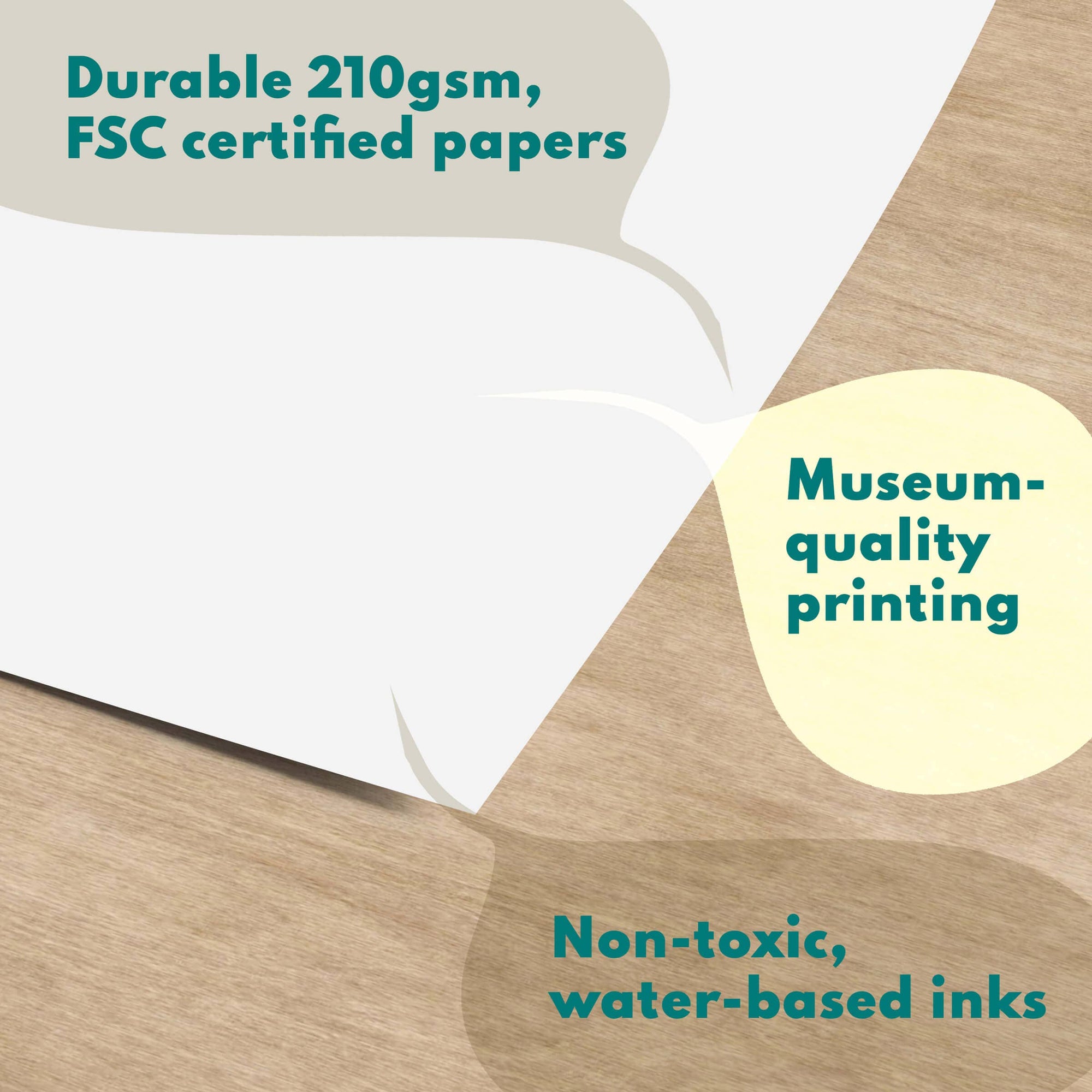 FSC certified papers with text on durability, quality, and ink type.