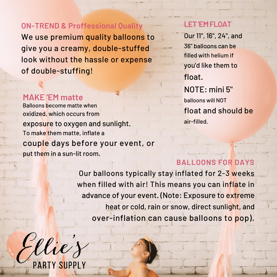 Promotional text for Ellie's Party Supply with balloons and a child against a white brick wall.
