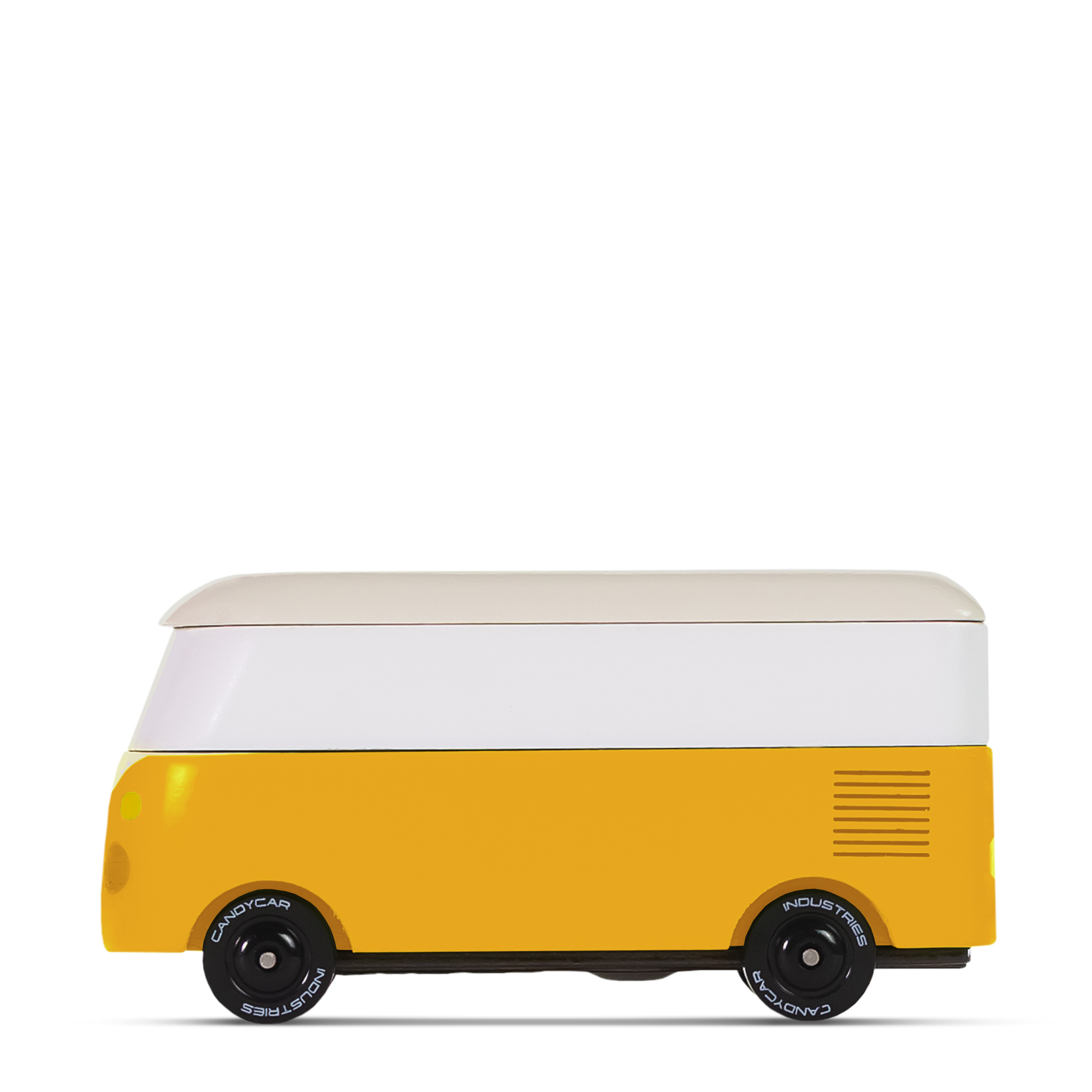 Yellow and white cooler shaped like a vintage van on a white background