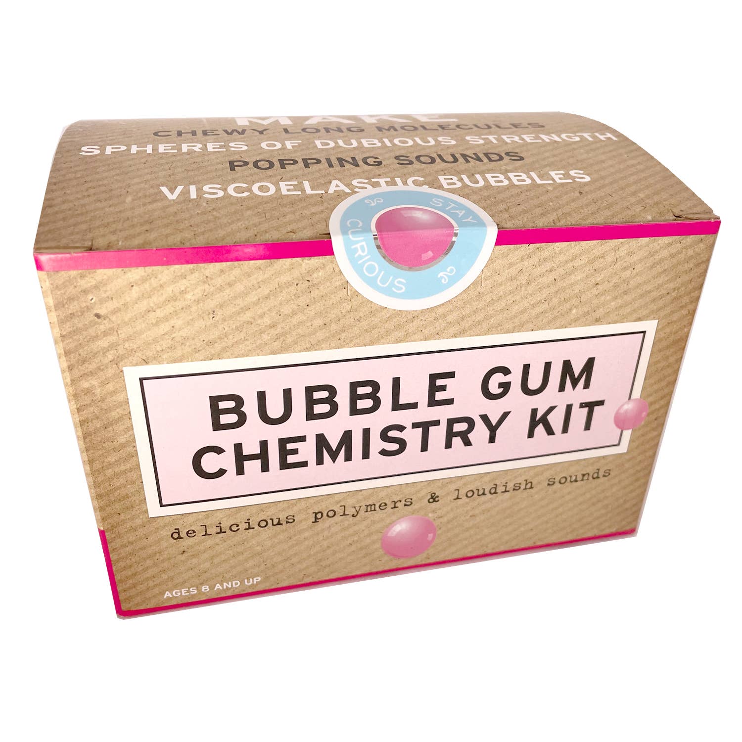 Box labeled 'Bubble Gum Chemistry Kit' with text and a pink bubble graphic on a white background