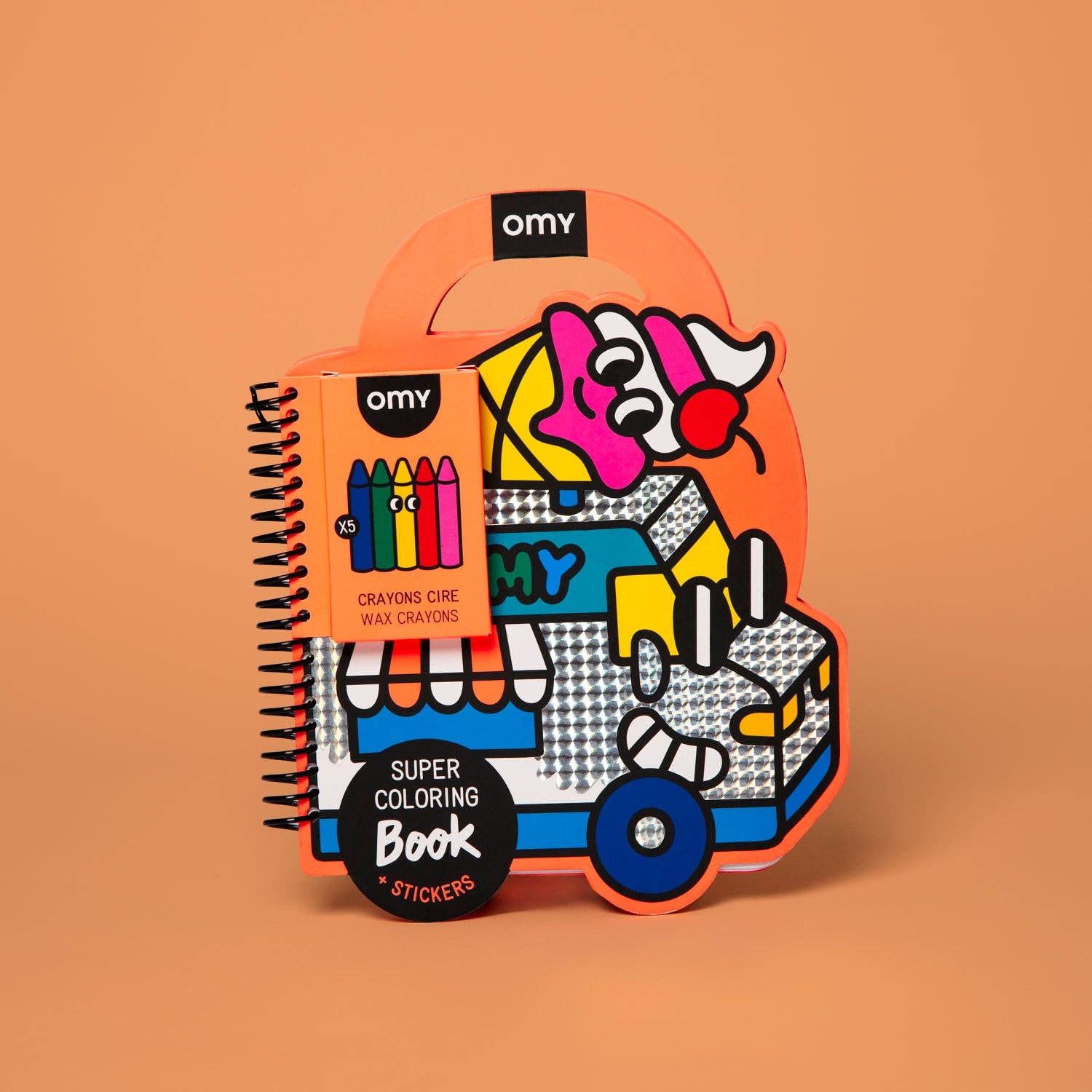 Colorful children's coloring book and crayons set with 'omy' branding on an orange background